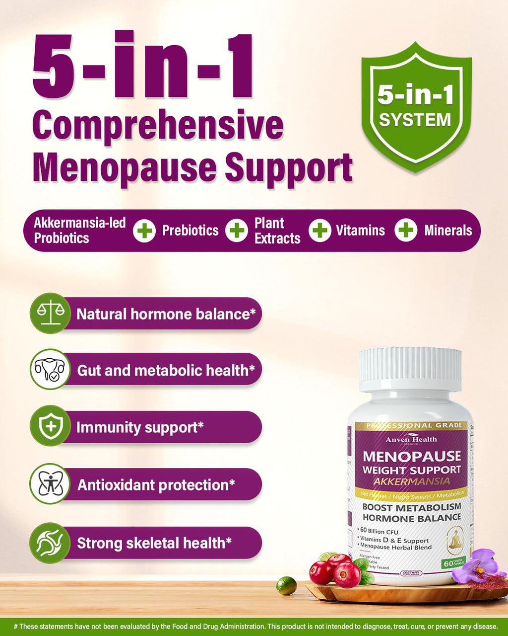 Anven Health Menopause Supplements for Women 60 Billion with Akkermansia Probiotic & Prebiotic, Vitamin D & E for Hormone Balance, Metabolism, Gut Health, Hot Flashes - Non-GMO | 120 Caps - Maple Wellness Supplements
