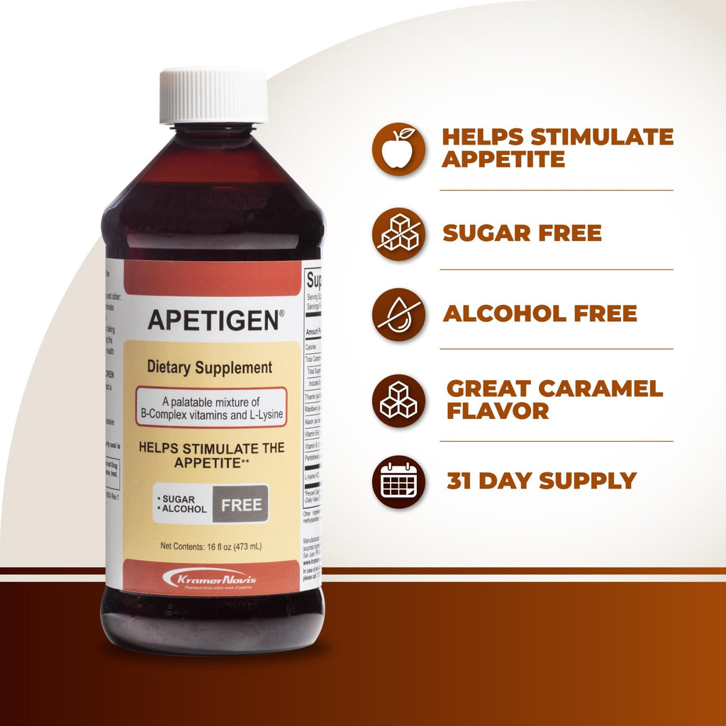 Apetigen Appetite Stimulant for Kids & Adults – Vitamin B-Complex with L-Lysine Liquid – Sugar Free Weight Gain Supplement for Picky Eaters – Caramel Flavor, 16oz - TrustMedUSA