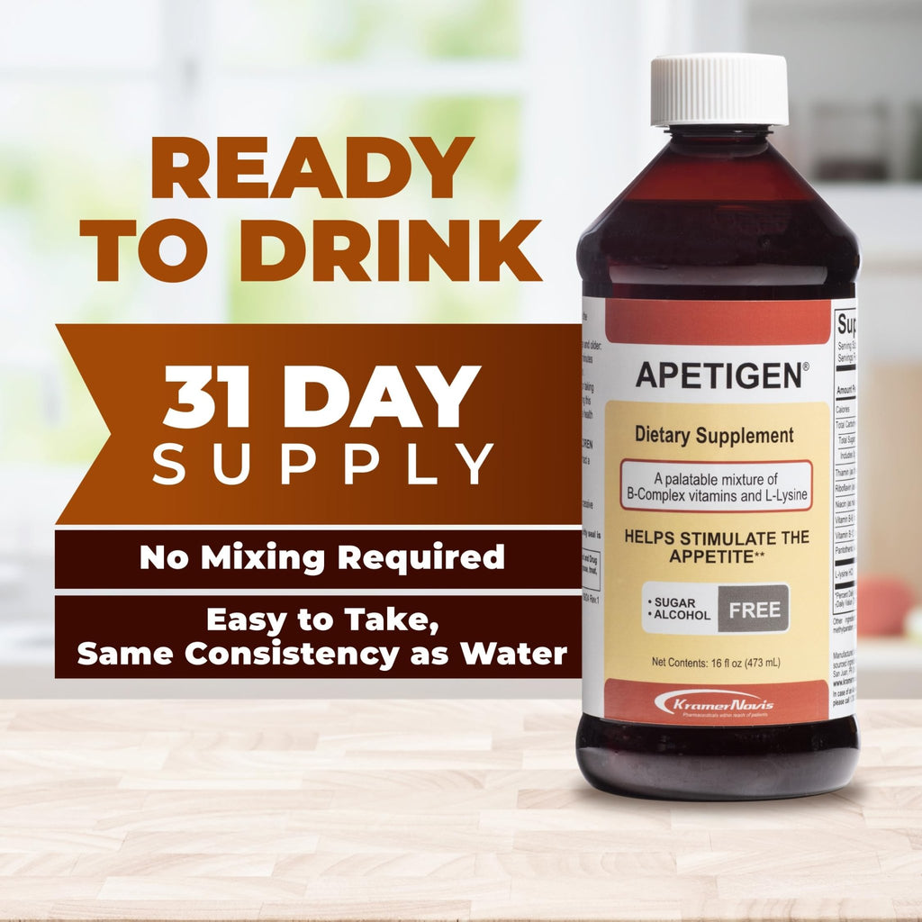 Apetigen Appetite Stimulant for Kids & Adults – Vitamin B-Complex with L-Lysine Liquid – Sugar Free Weight Gain Supplement for Picky Eaters – Caramel Flavor, 16oz - TrustMedUSA