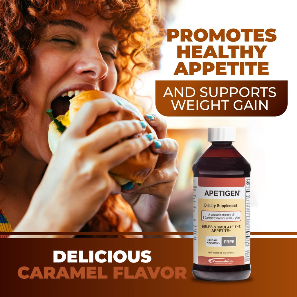 Apetigen Appetite Stimulant for Kids & Adults – Vitamin B-Complex with L-Lysine Liquid – Sugar Free Weight Gain Supplement for Picky Eaters – Caramel Flavor, 16oz - TrustMedUSA
