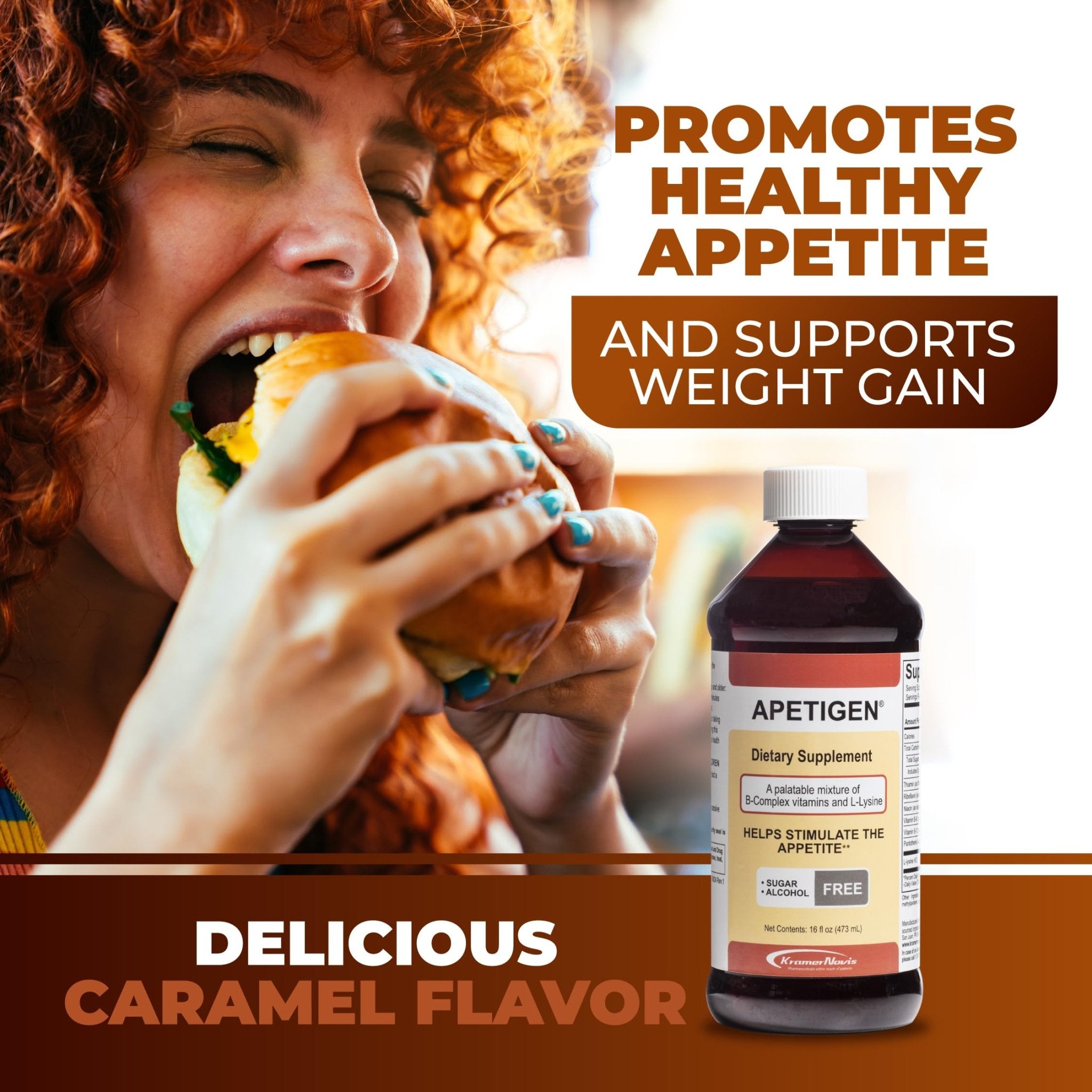 Apetigen Appetite Stimulant for Kids & Adults – Vitamin B-Complex with L-Lysine Liquid – Sugar Free Weight Gain Supplement for Picky Eaters – Caramel Flavor, 16oz - TrustMedUSA