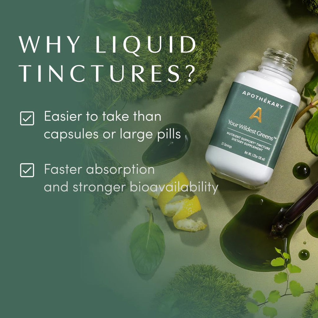 Apothékary Your Wildest Greens Herbal Liquid Drops, All-in-One Daily Superfood Supplement, Vitamin & Mineral Support, 5X Potency of Greens Powders, Sugar Free, Calorie Free, (15 Servings) 1.22oz - TrustMedUSA