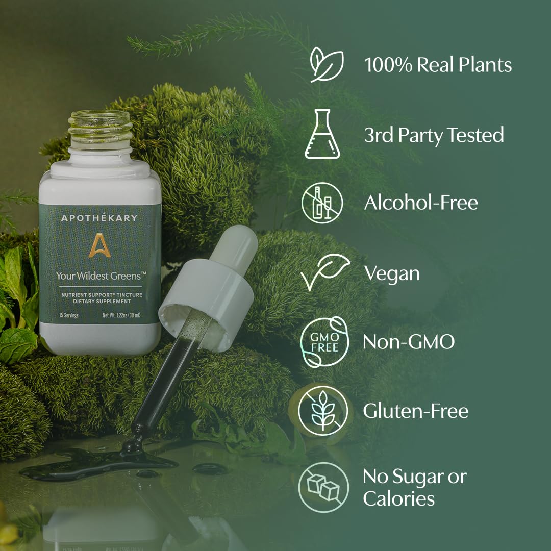 Apothékary Your Wildest Greens Herbal Liquid Drops, All-in-One Daily Superfood Supplement, Vitamin & Mineral Support, 5X Potency of Greens Powders, Sugar Free, Calorie Free, (15 Servings) 1.22oz - TrustMedUSA