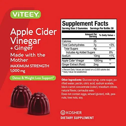 Apple Cider Vinegar Gummies 1,000mg Plus Ginger, ACV with The Mother, Detox Cleanse - TrustMedUSA