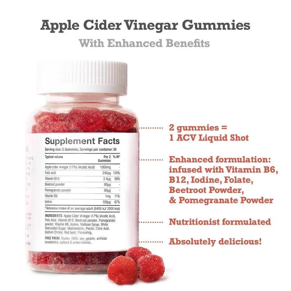 Apple Cider Vinegar Gummies with The Mother 1000mg Enhanced with Vitamin B12 & Folic - TrustMedUSA