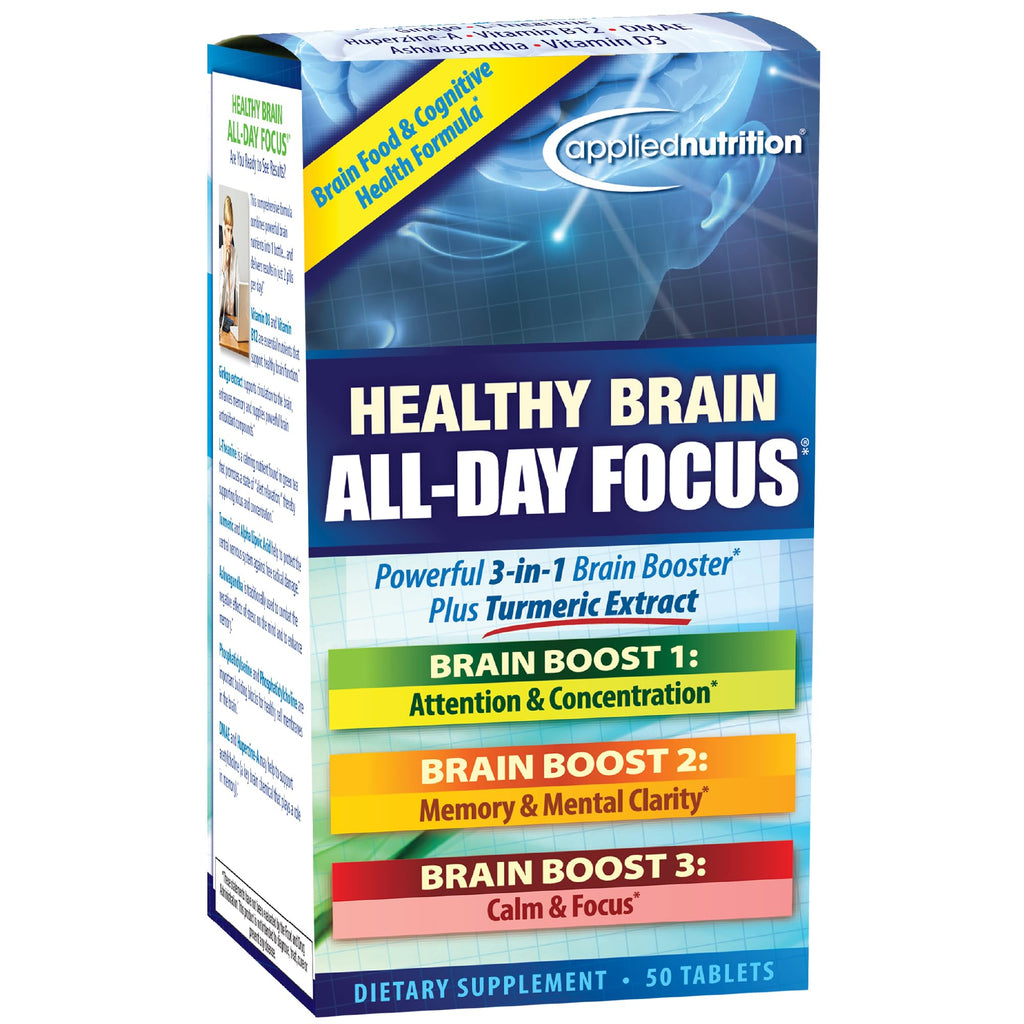 Applied Nutrition Healthy Brain All-Day Focus - 50 Tablets - Powerful 3-in-1 Brain Booster with Turmeric Extract - 25 Servings - TrustMedUSA