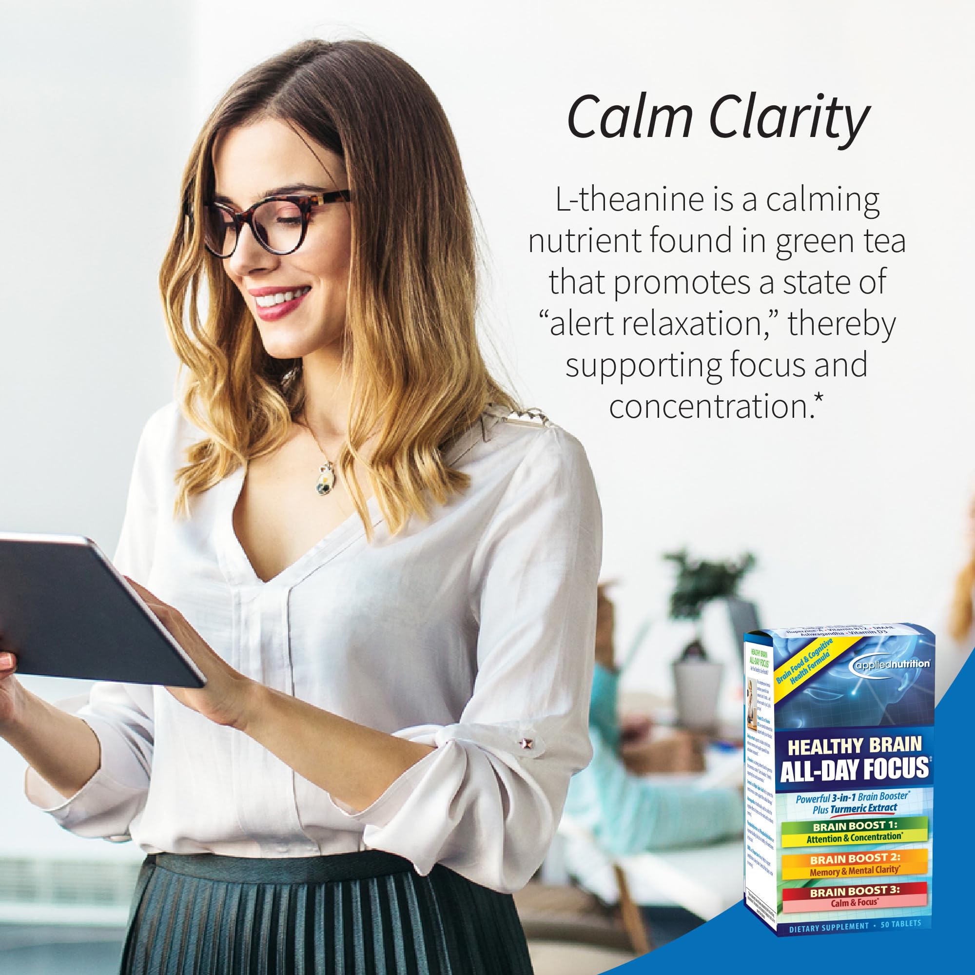 Applied Nutrition Healthy Brain All-Day Focus - 50 Tablets - Powerful 3-in-1 Brain Booster with Turmeric Extract - 25 Servings - TrustMedUSA