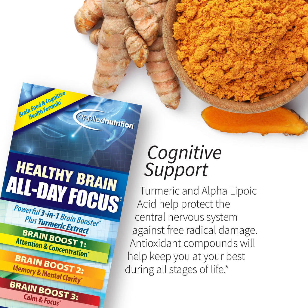 Applied Nutrition Healthy Brain All-Day Focus - 50 Tablets - Powerful 3-in-1 Brain Booster with Turmeric Extract - 25 Servings - TrustMedUSA