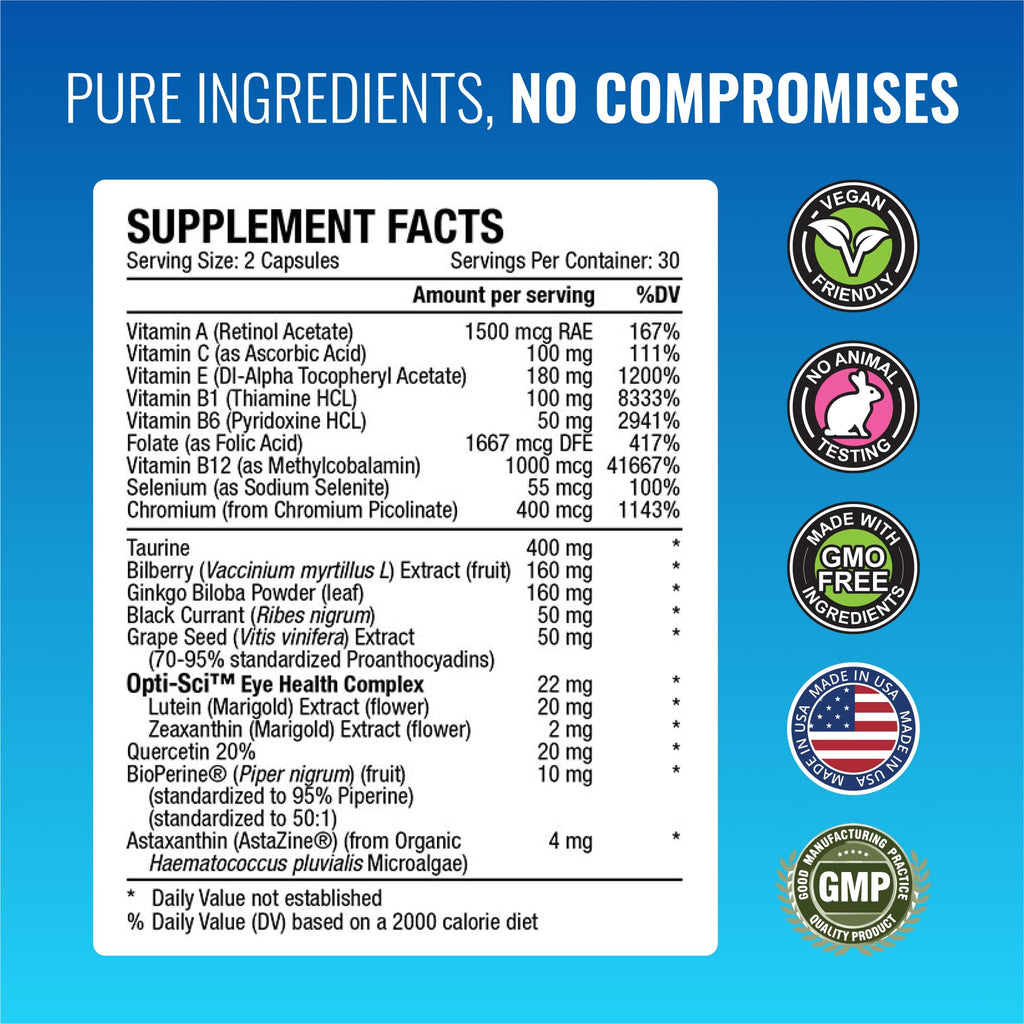 Approved Science EyeSyl - Eye Support Supplement - Chromium Picolinate, Taurine, Lutein, Zeaxanthin, Bilberry, BioPerine - 1 Month Supply - 60 Capsules - Made in The USA - TrustMedUSA
