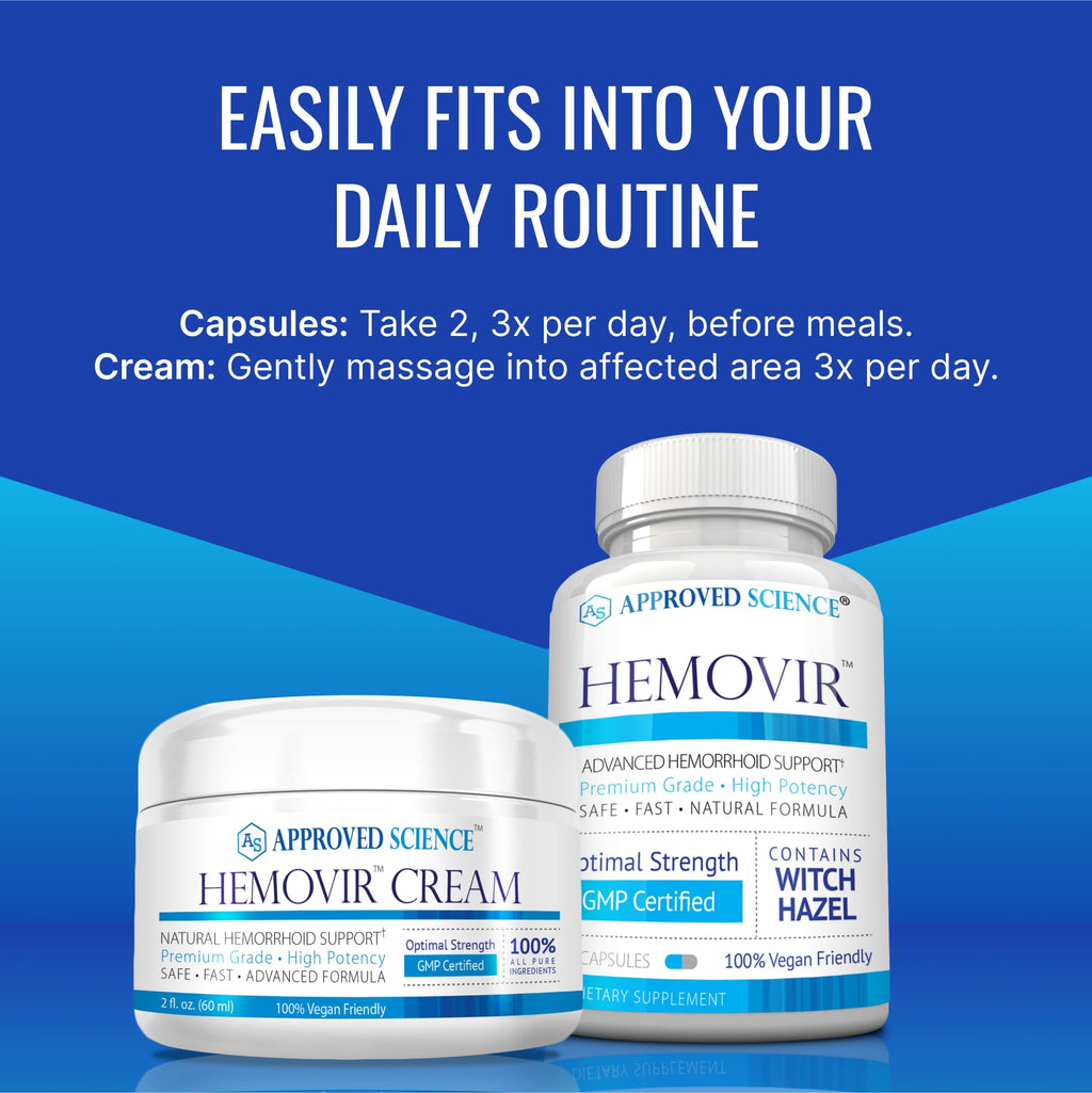 Approved Science Hemovir - Hemorrhoid Capsules and Cream - Dual-Action Stops Itching and Optimizes Blood Flow - Internal and External Care - 45 Capsules + 2 Fl Oz - Vegan - Non GMO - Made in The USA - TrustMedUSA
