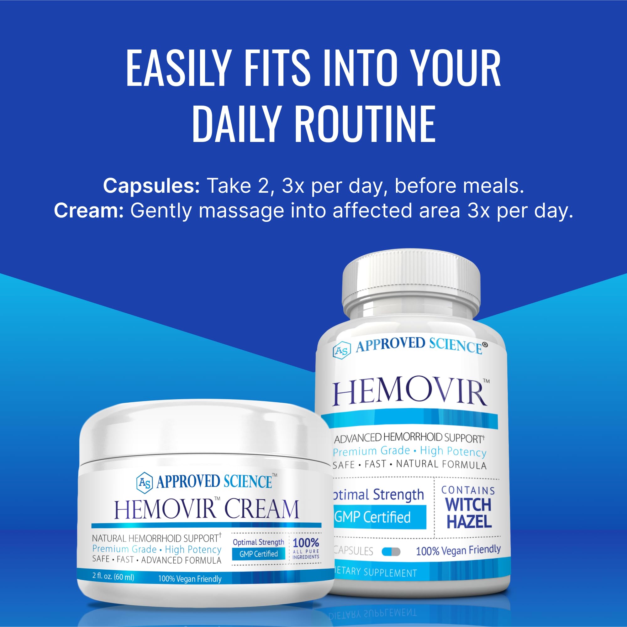 Approved Science Hemovir - Hemorrhoid Capsules and Cream - Dual-Action Stops Itching and Optimizes Blood Flow - Internal and External Care - 45 Capsules + 2 Fl Oz - Vegan - Non GMO - Made in The USA - TrustMedUSA
