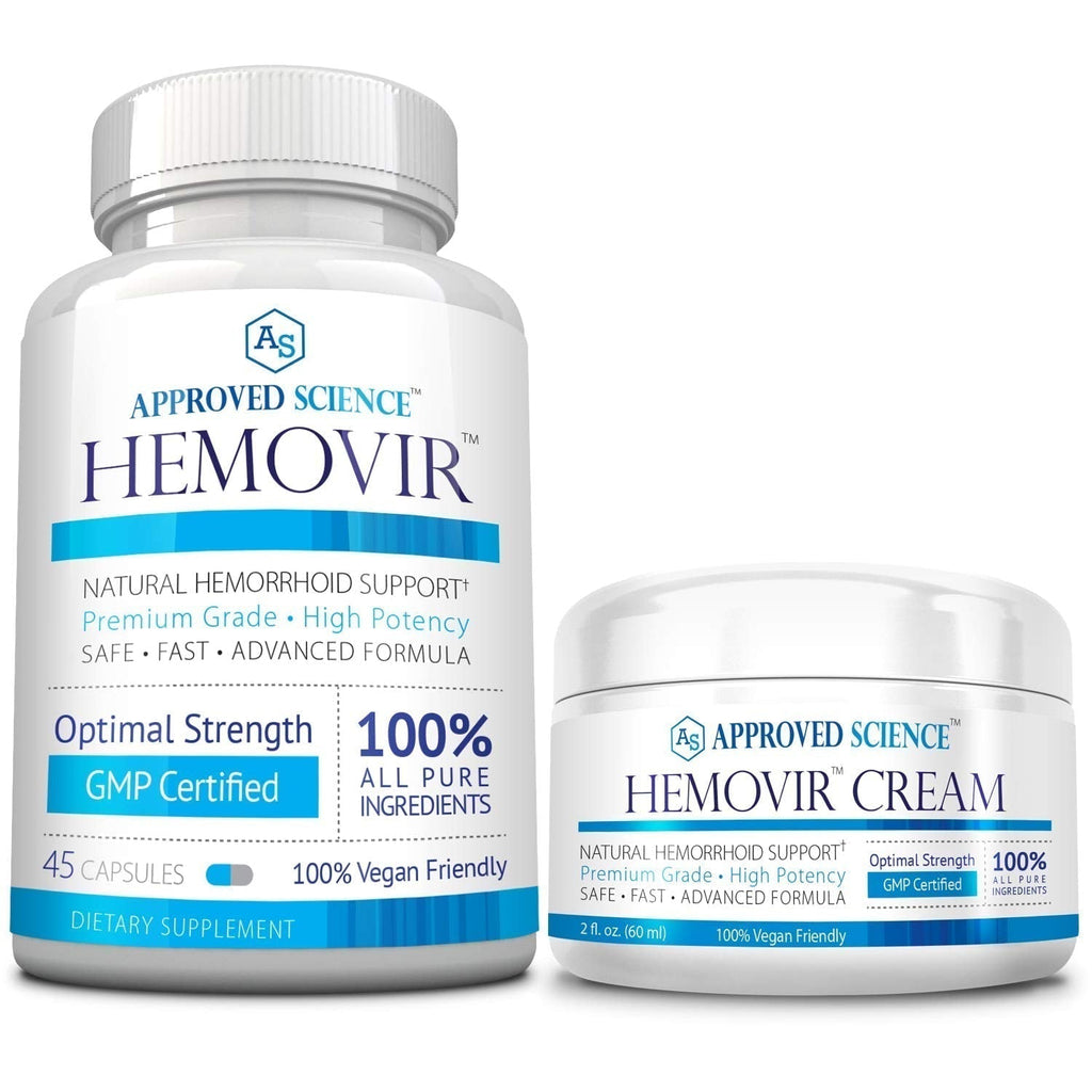 Approved Science Hemovir - Hemorrhoid Capsules and Cream - Dual-Action Stops Itching and Optimizes Blood Flow - Internal and External Care - 45 Capsules + 2 Fl Oz - Vegan - Non GMO - Made in The USA - TrustMedUSA