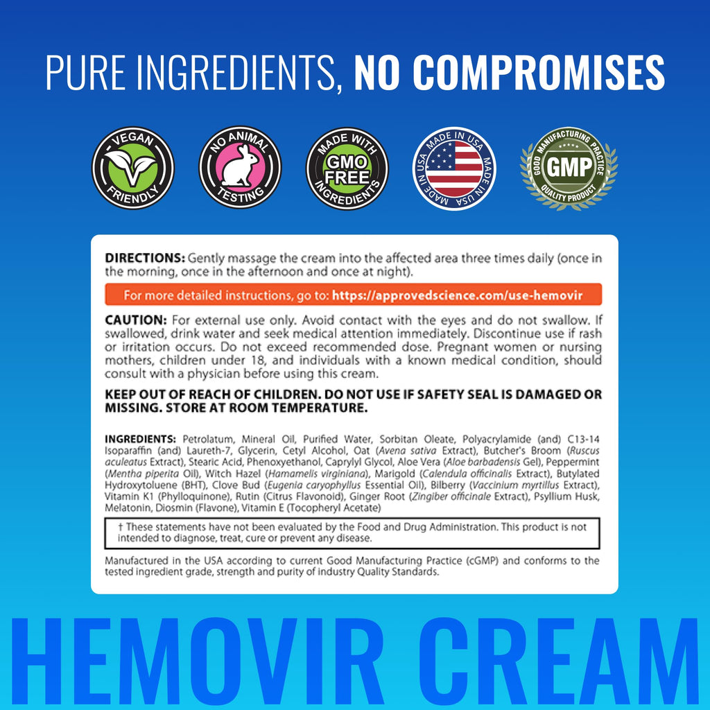 Approved Science Hemovir - Hemorrhoid Capsules and Cream - Dual-Action Stops Itching and Optimizes Blood Flow - Internal and External Care - 45 Capsules + 2 Fl Oz - Vegan - Non GMO - Made in The USA - TrustMedUSA