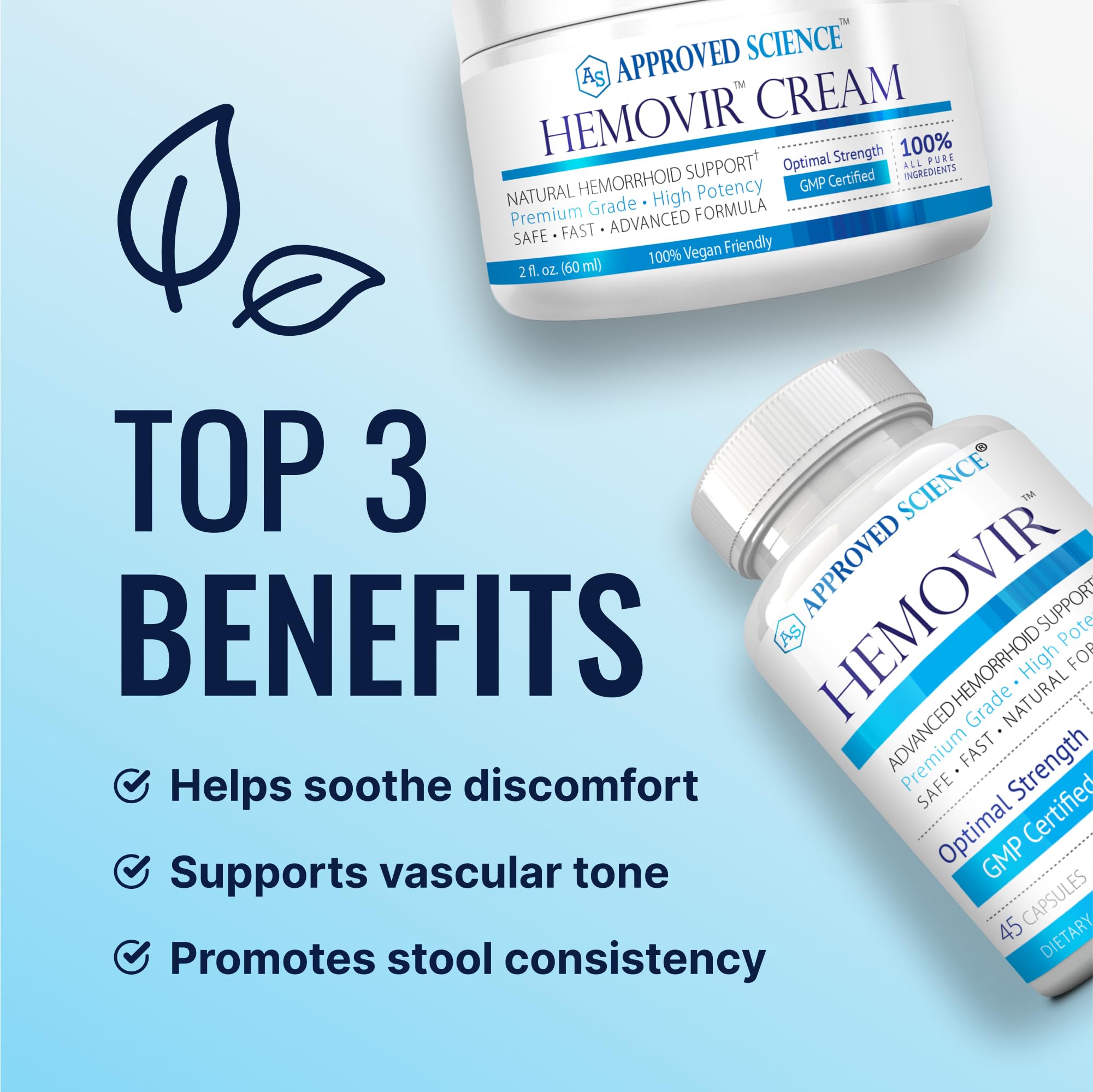 Approved Science Hemovir - Hemorrhoid Capsules and Cream - Dual-Action Stops Itching and Optimizes Blood Flow - Internal and External Care - 45 Capsules + 2 Fl Oz - Vegan - Non GMO - Made in The USA - TrustMedUSA