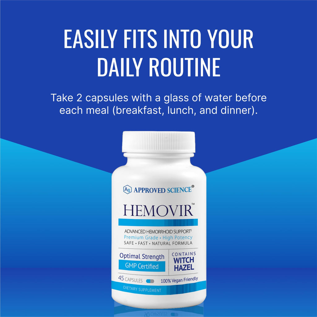 Approved Science Hemovir - Hemorrhoid Support Supplement - Witch Hazel, Horse Chestnut - 45 Capsules - 1 Bottle - Vegan - TrustMedUSA