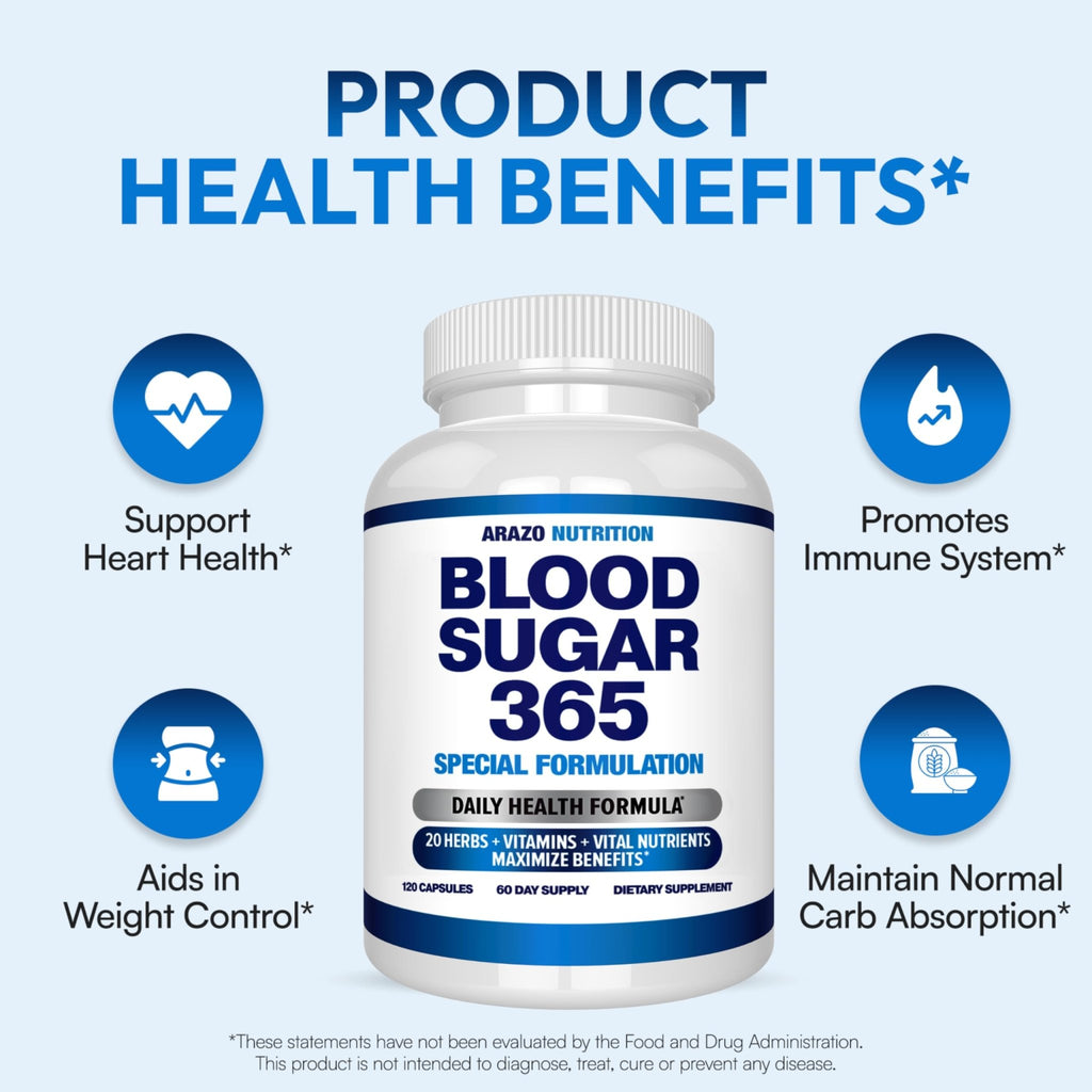 Arazo Nutrition Blood Sugar 365 Supplement – Supports Healthy Energy Levels - 120 Herbal Pills - 60 Day Supply - TrustMedUSA