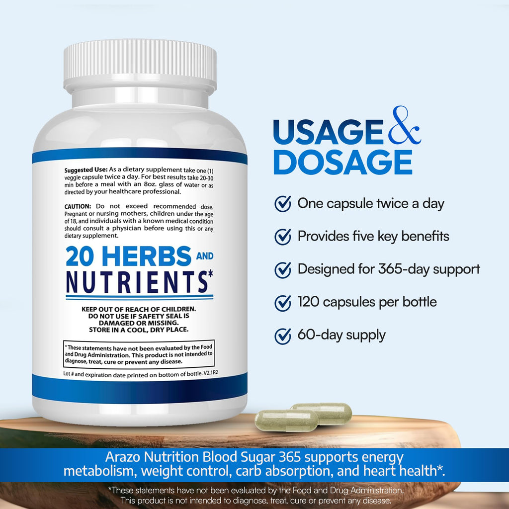 Arazo Nutrition Blood Sugar 365 Supplement – Supports Healthy Energy Levels - 120 Herbal Pills - 60 Day Supply - TrustMedUSA
