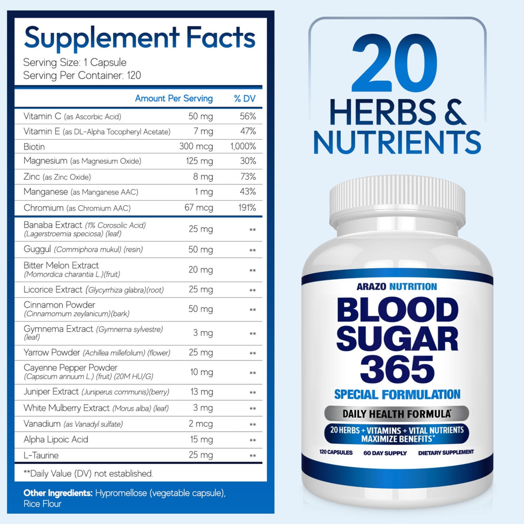 Arazo Nutrition Blood Sugar 365 Supplement – Supports Healthy Energy Levels - 120 Herbal Pills - 60 Day Supply - TrustMedUSA