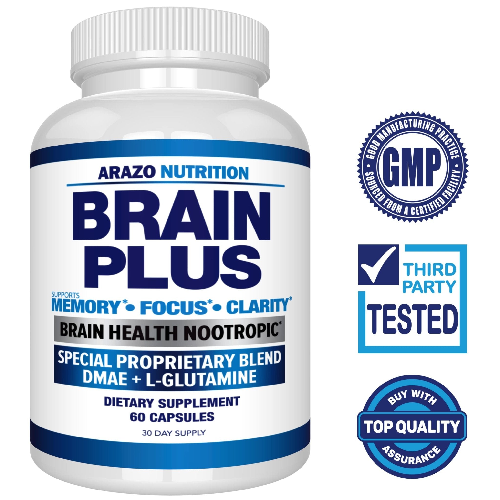 Arazo Nutrition Premium Brain Function Supplement – Memory, Focus, Clarity – Nootropic Booster with DMAE, Bacopa Monnieri, L-Glutamine, Multi Vitamins, Multi Minerals - TrustMedUSA