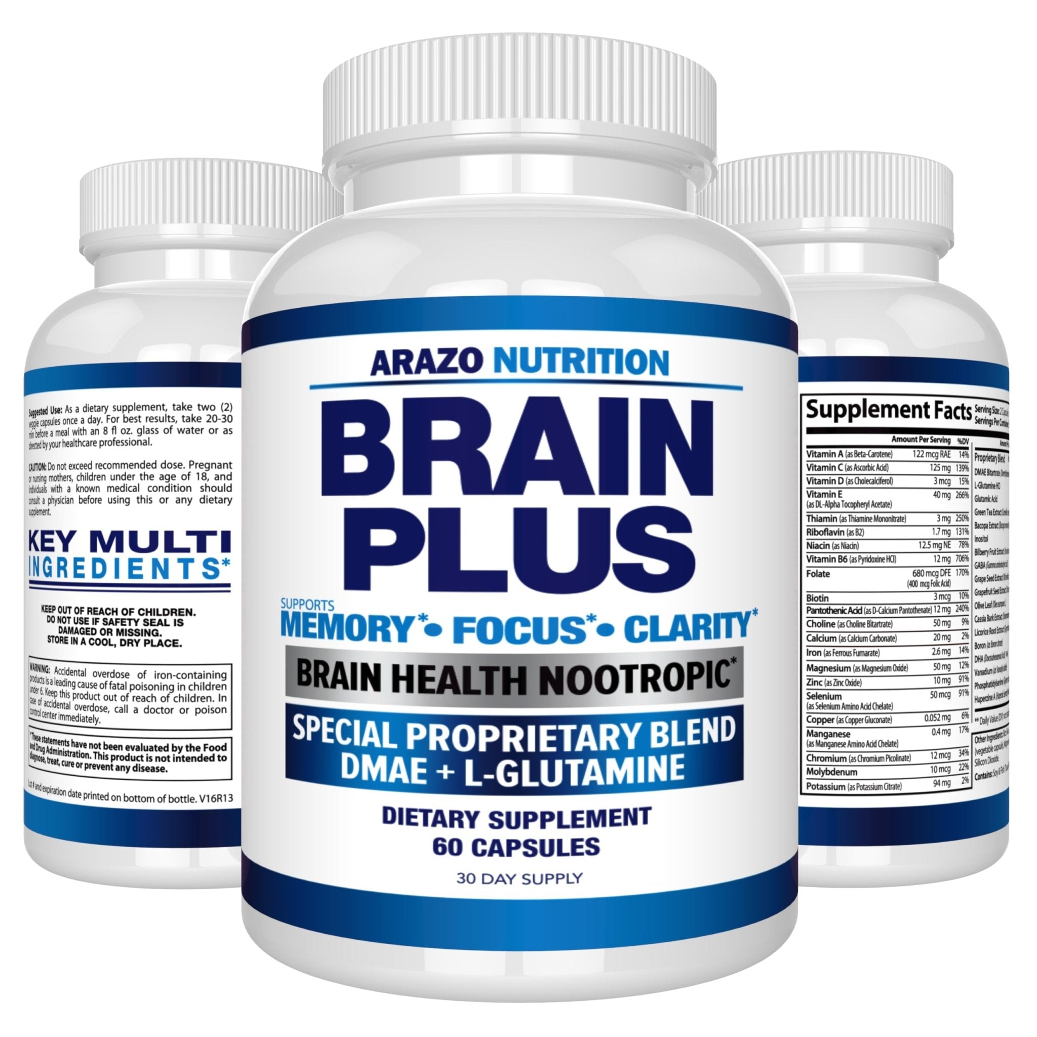 Arazo Nutrition Premium Brain Function Supplement – Memory, Focus, Clarity – Nootropic Booster with DMAE, Bacopa Monnieri, L-Glutamine, Multi Vitamins, Multi Minerals - TrustMedUSA
