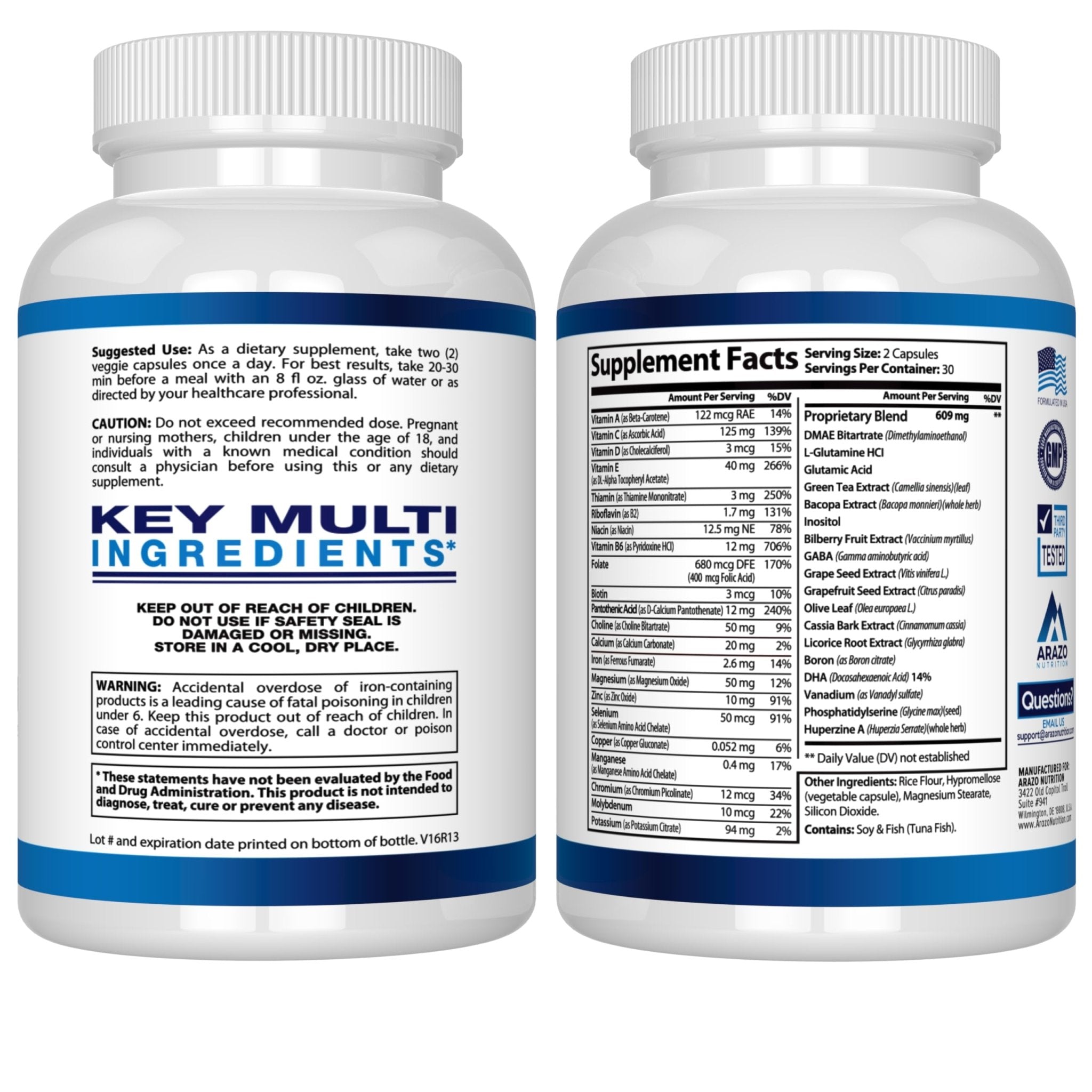 Arazo Nutrition Premium Brain Function Supplement – Memory, Focus, Clarity – Nootropic Booster with DMAE, Bacopa Monnieri, L-Glutamine, Multi Vitamins, Multi Minerals - TrustMedUSA