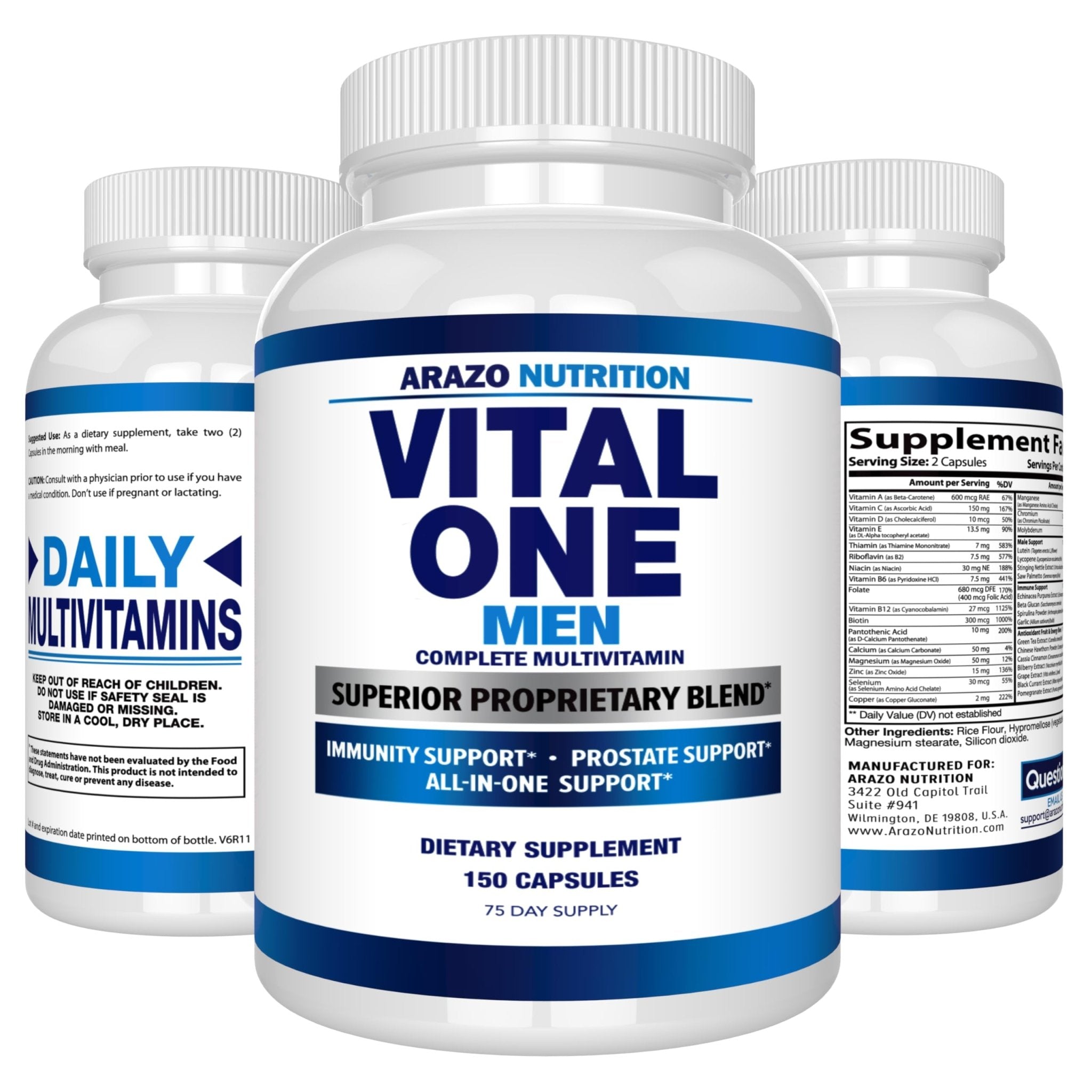 Arazo Nutrition Vital One Multivitamin for Men – Daily Wholefood Supplement - 150 Vegan - TrustMedUSA