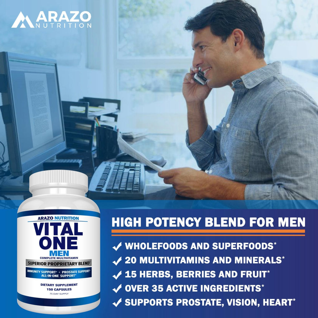 Arazo Nutrition Vital One Multivitamin for Men – Daily Wholefood Supplement - 150 Vegan - TrustMedUSA