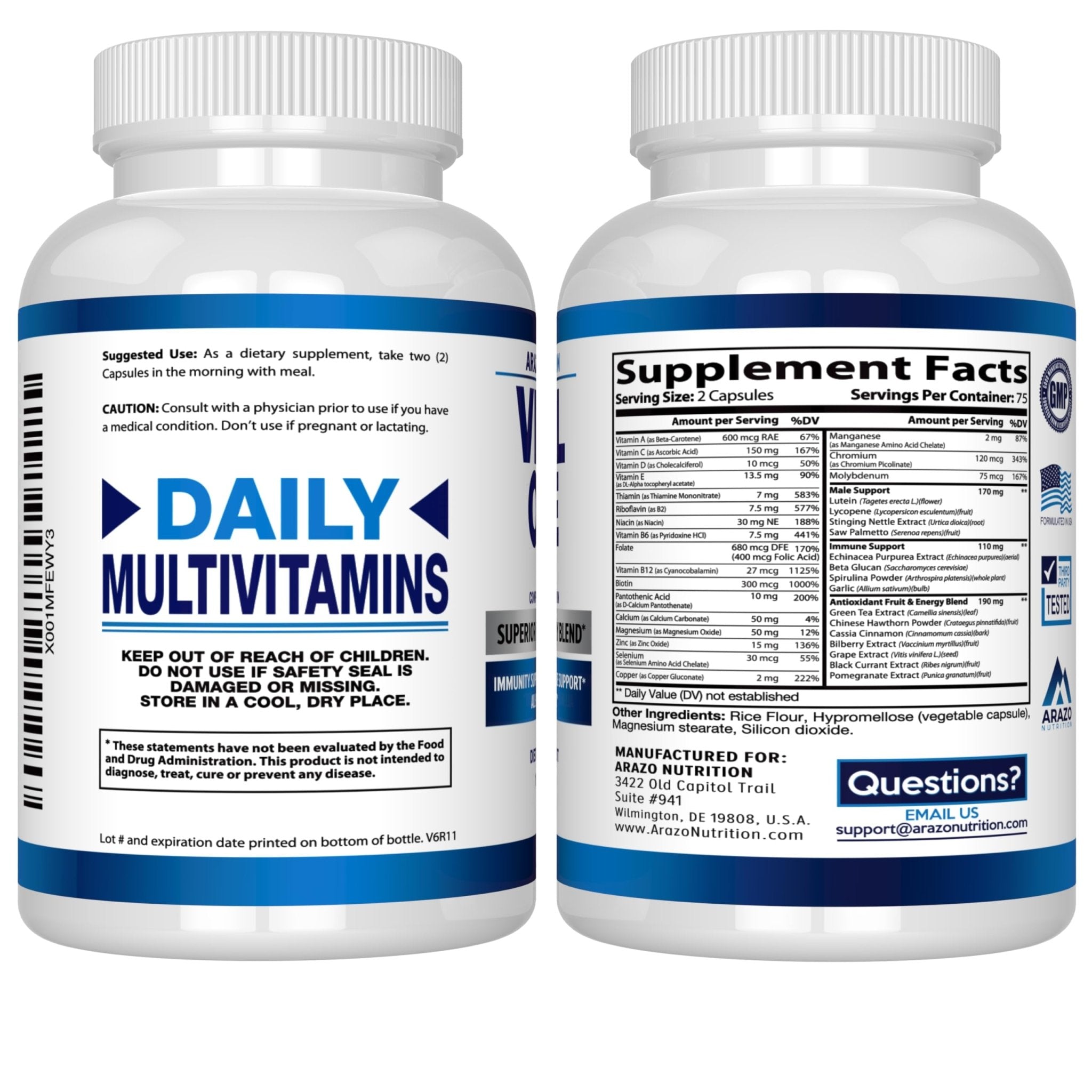 Arazo Nutrition Vital One Multivitamin for Men – Daily Wholefood Supplement - 150 Vegan - TrustMedUSA