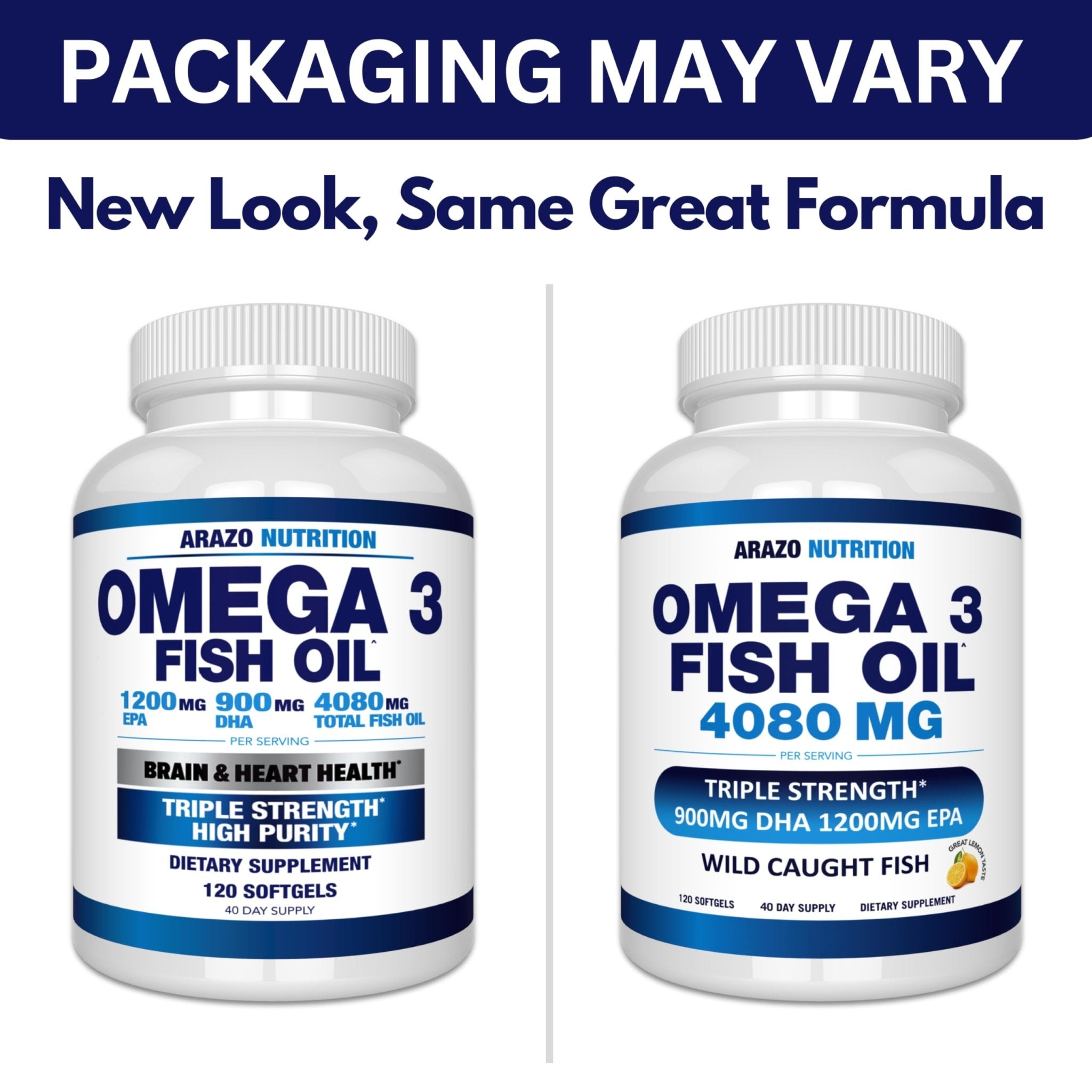 Arazo Nutrition Wild Caught Omega-3 Fish Oil Concentrate – 4,080mg per Serving – High EPA 1200mg & DHA 900mg - Maple Wellness Supplements
