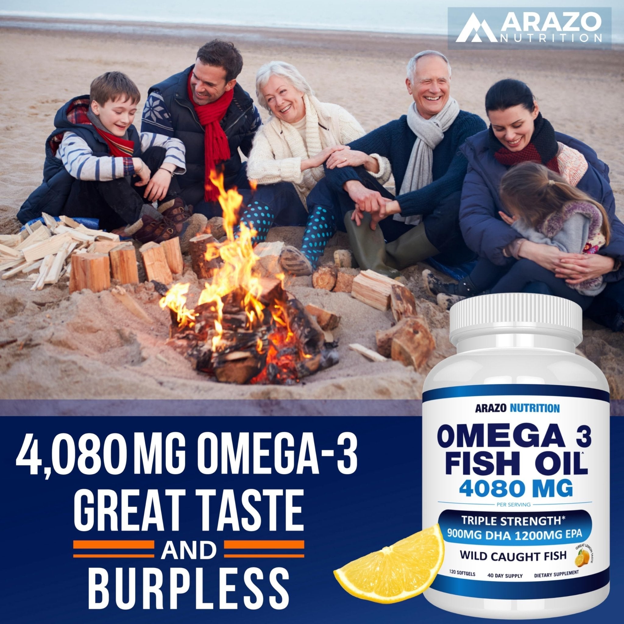 Arazo Nutrition Wild Caught Omega-3 Fish Oil Concentrate – 4,080mg per Serving – High EPA 1200mg & DHA 900mg - Maple Wellness Supplements