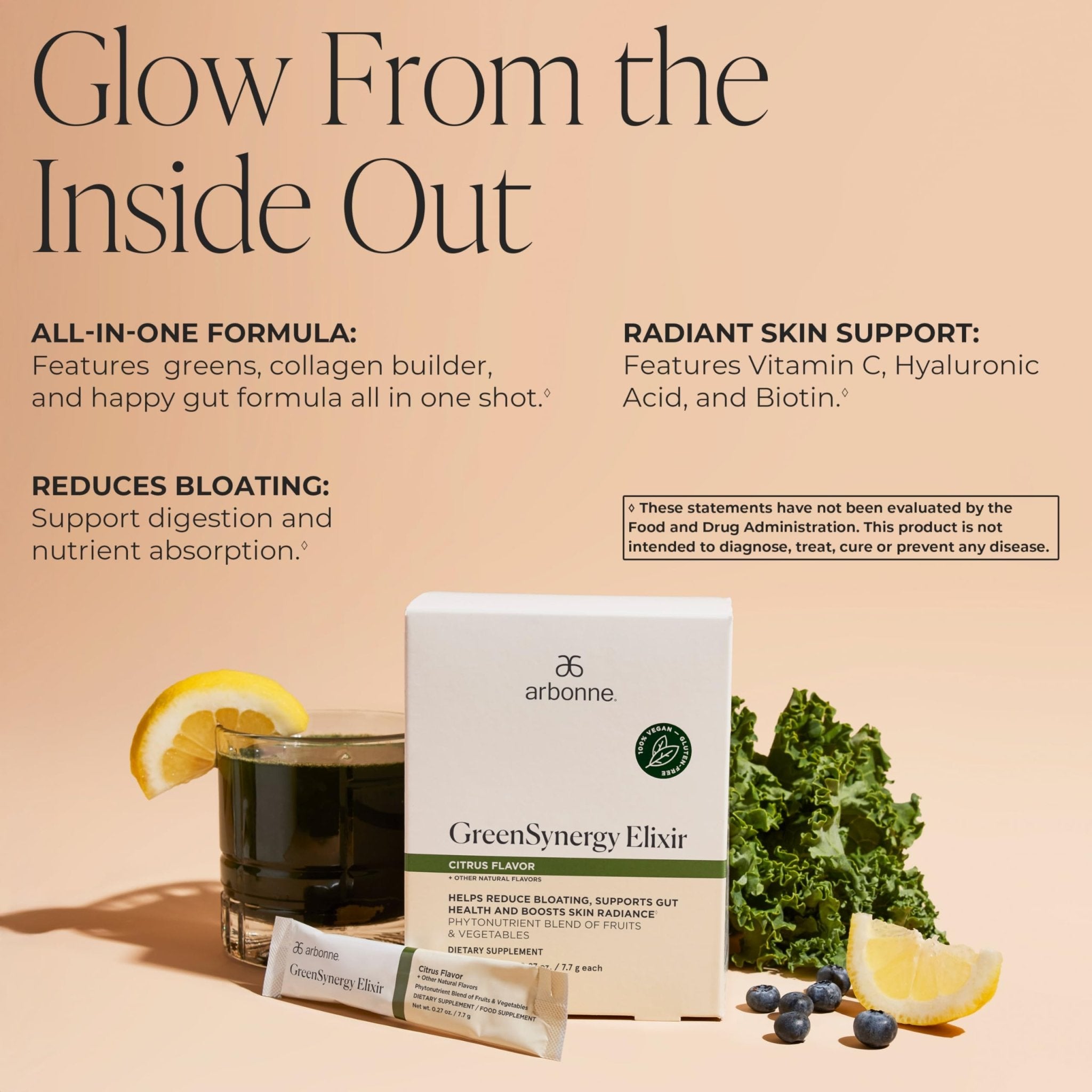 Arbonne GreenSynergy Elixir – Citrus-Flavored Greens Powder with 13 Digestive Enzymes, Vegan Collagen Builder, Probiotics, and Prebiotics – Supports Gut Health and Digestion – 30 Stick Packs - TrustMedUSA