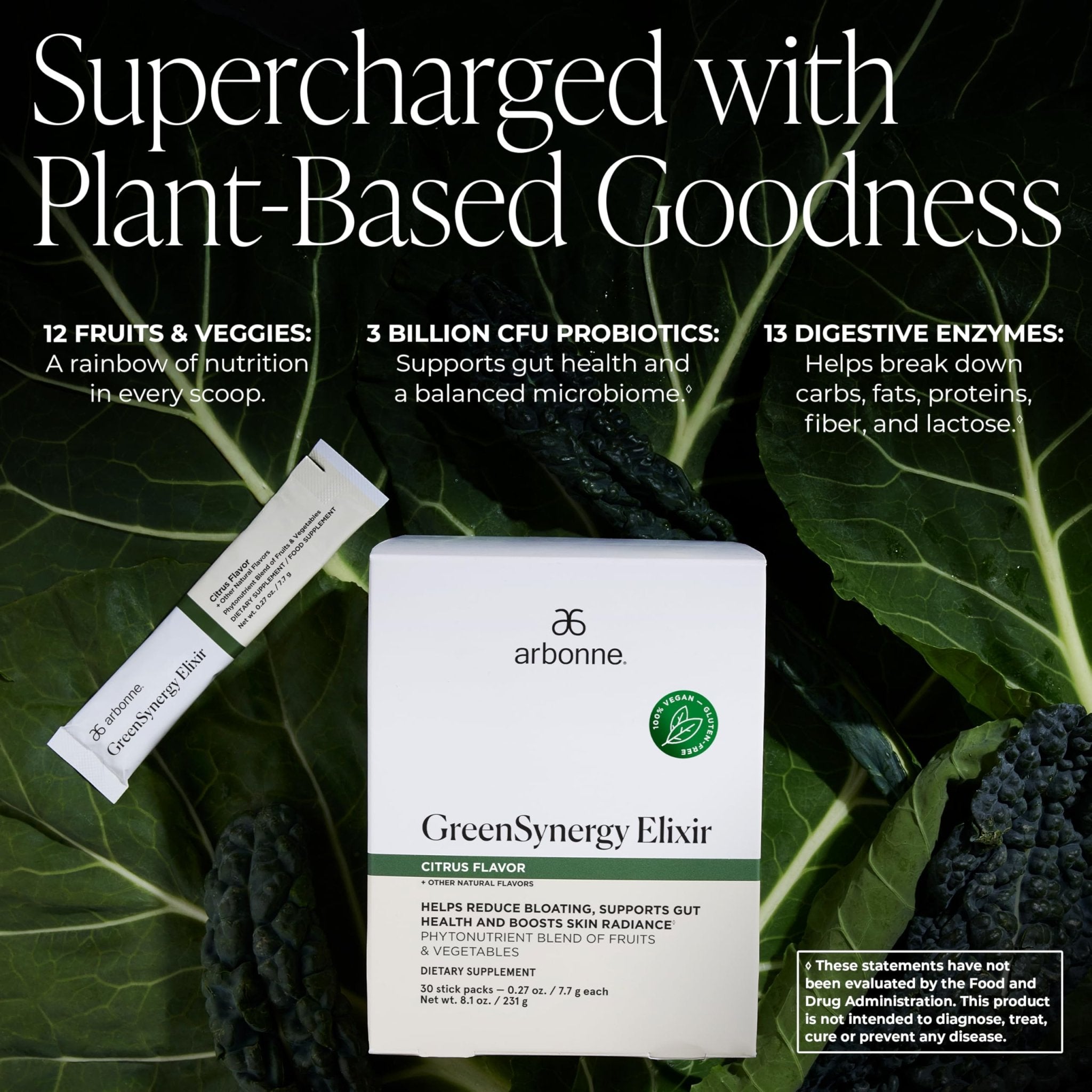 Arbonne GreenSynergy Elixir – Citrus-Flavored Greens Powder with 13 Digestive Enzymes, Vegan Collagen Builder, Probiotics, and Prebiotics – Supports Gut Health and Digestion – 30 Stick Packs - TrustMedUSA