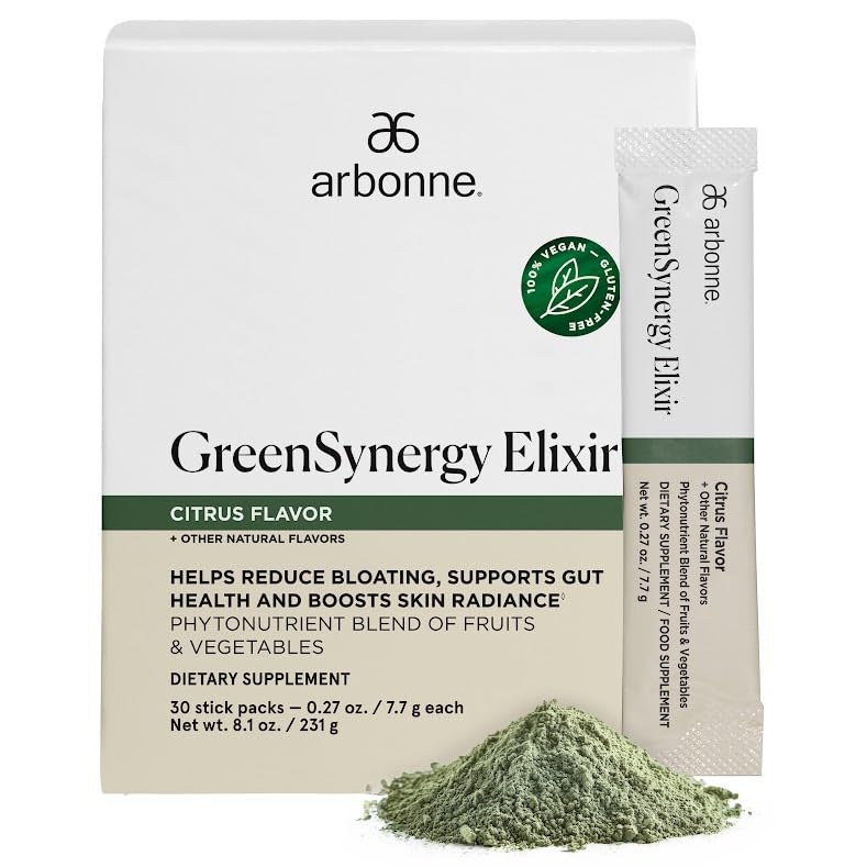 Arbonne GreenSynergy Elixir – Citrus-Flavored Greens Powder with 13 Digestive Enzymes, Vegan Collagen Builder, Probiotics, and Prebiotics – Supports Gut Health and Digestion – 30 Stick Packs - TrustMedUSA