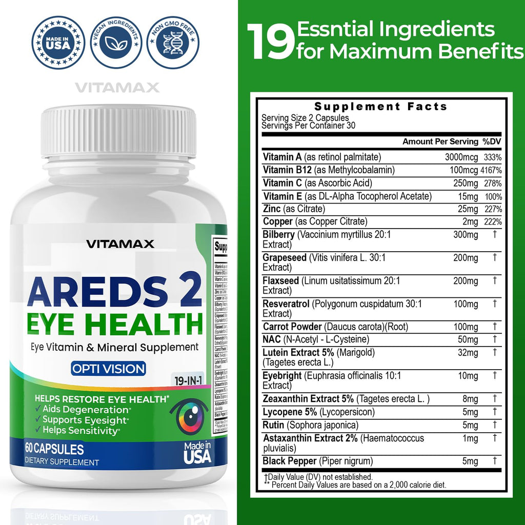 AREDS 2 Eye Vitamins - Lutein, Zeaxanthin, Bilberry, Astaxanthin Mineral Vision Supplement - Supports Eye Strain, Dry Eyes, Pressure, and Vision Health - Made in USA - 120ct - TrustMedUSA