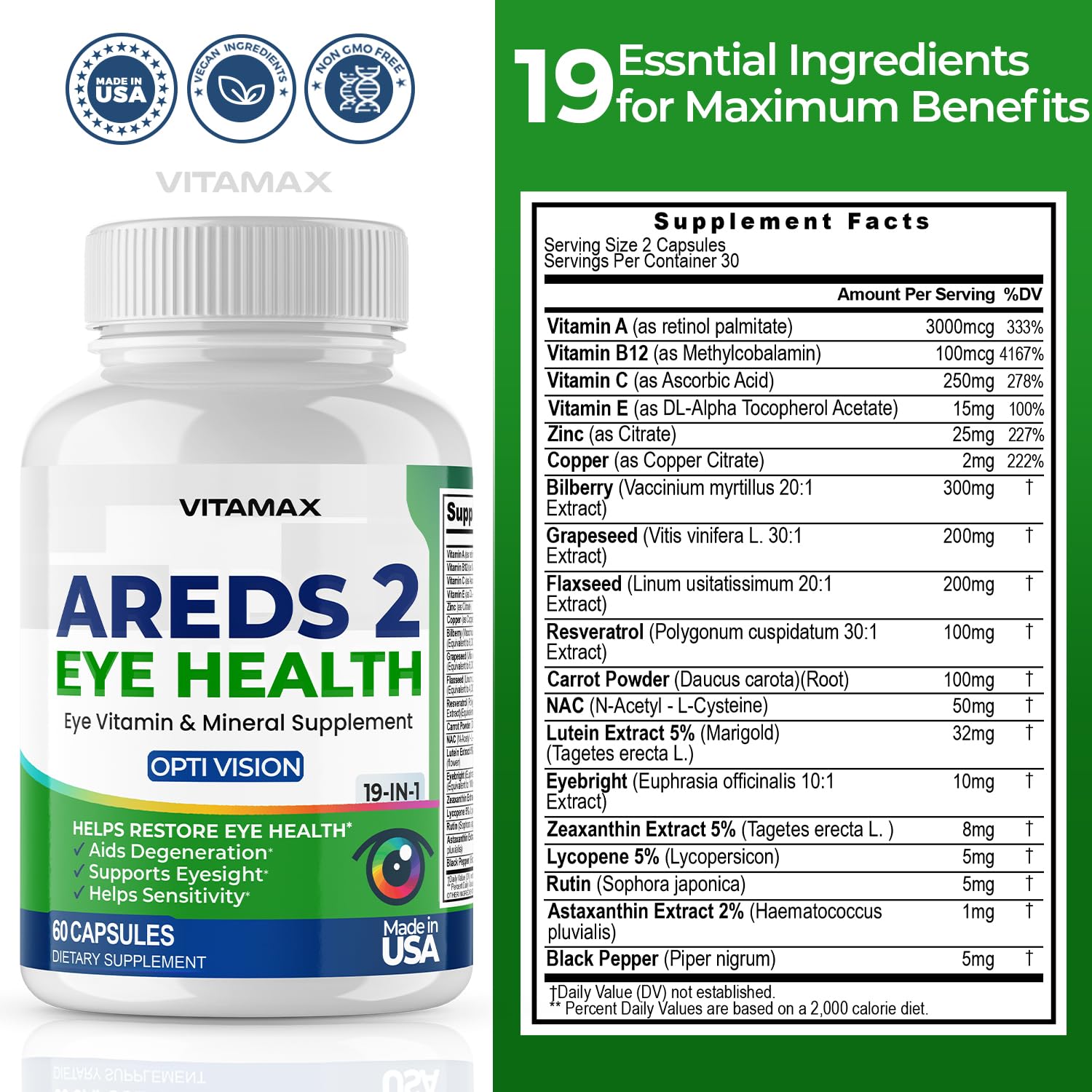 AREDS 2 Eye Vitamins - Lutein, Zeaxanthin, Bilberry, Astaxanthin Mineral Vision Supplement - Supports Eye Strain, Dry Eyes, Pressure, and Vision Health - Made in USA - 120ct - TrustMedUSA