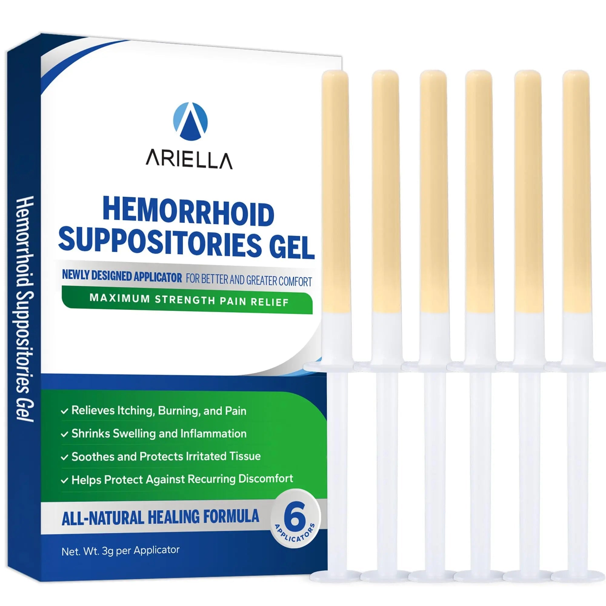 Ariella Hemorrhoid Treatment Suppository Gel: Natural & Herbal - Relieve Itching Burning Discomfort - Internal Relief - New Rounded Applicator - Nighttime Use (Pack of 6) - TrustMedUSA