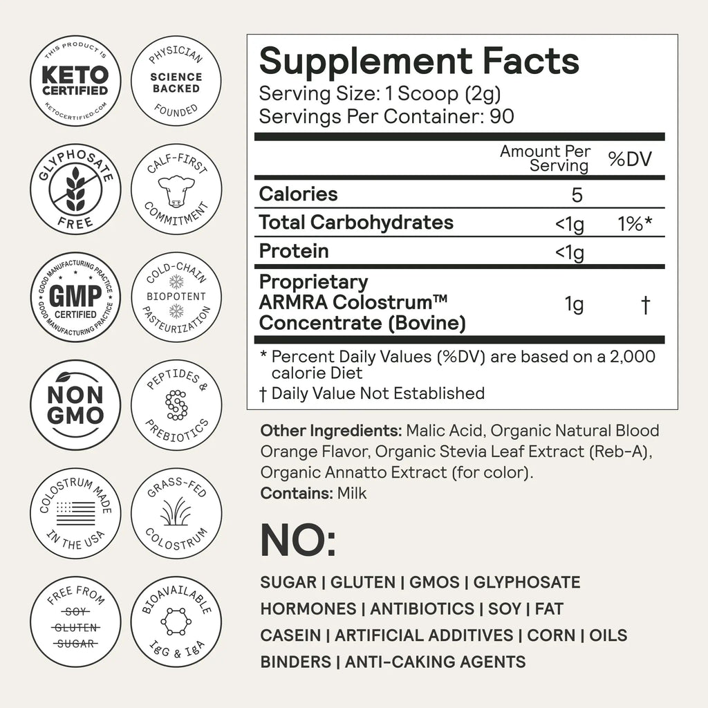 ARMRA Colostrum Powder | Blood Orange | Gut Health & Bloating | Skin & Hair | Immunity | Keto, Gluten & Fat-Free | 90 Servings - TrustMedUSA