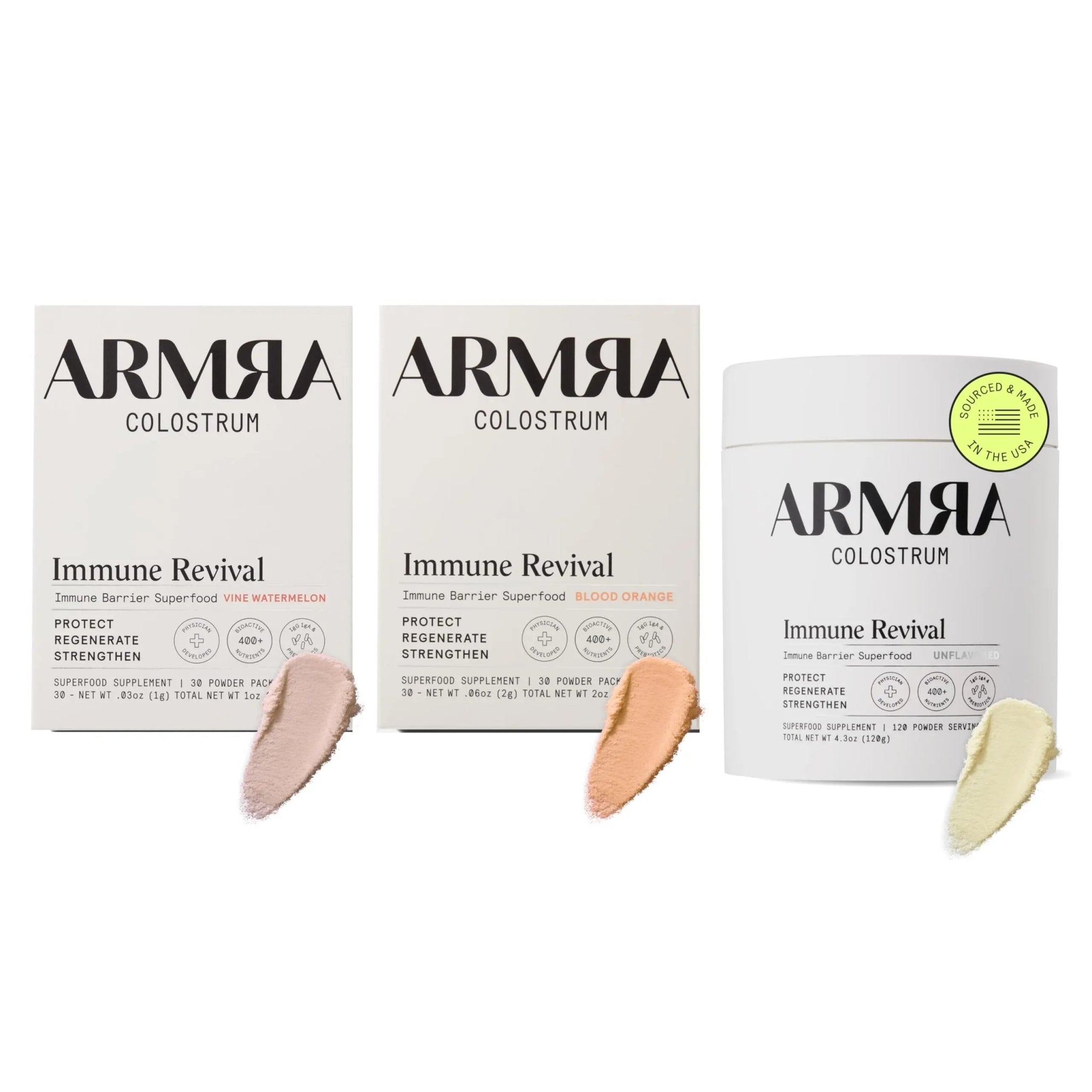 ARMRA Colostrum™ Premium Powder, Grass Fed, Gut Health Bloating Immunity Skin & Hair, Contains 400+ Bioactive Nutrients (Blood Orange, Vine Watermelon, Unflavored Bundle | 180 Servings) - TrustMedUSA