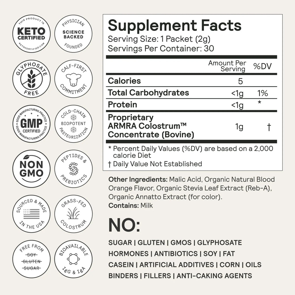 ARMRA Colostrum™ Premium Powder, Grass Fed, Gut Health Bloating Immunity Skin & Hair, Contains 400+ Bioactive Nutrients, Keto, Gluten & Fat Free (Blood Orange Bundle | 90 Servings) - TrustMedUSA