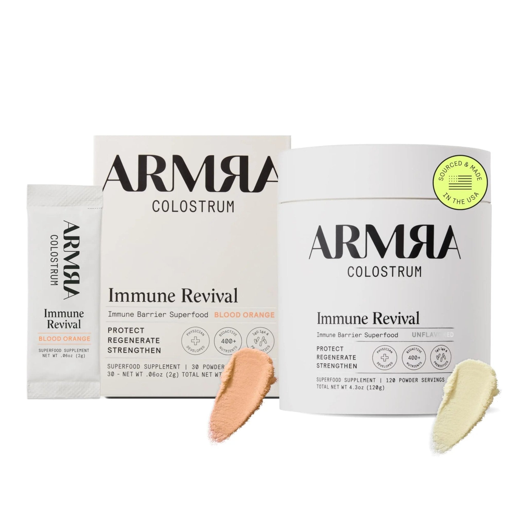 ARMRA Colostrum™ Premium Powder, Grass Fed, Gut Health Bloating Immunity Skin & Hair, Contains 400+ Bioactive Nutrients, Keto, Gluten & Fat Free (Blood Orange, Unflavored Bundle | 150 Servings) - TrustMedUSA