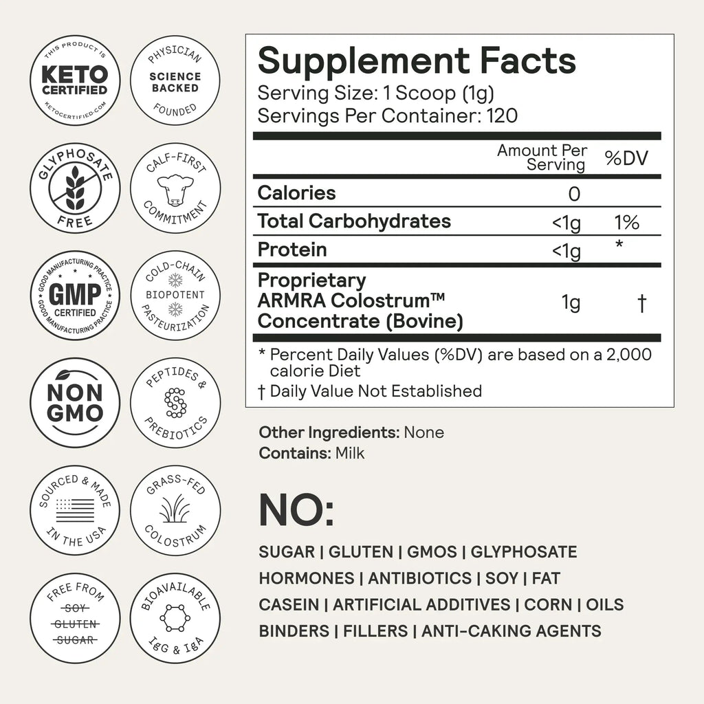 ARMRA Colostrum™ Premium Powder, Grass Fed, Gut Health Bloating Immunity Skin & Hair, Contains 400+ Bioactive Nutrients, Keto, Gluten & Fat Free (Blood Orange, Unflavored Bundle | 180 Servings) - TrustMedUSA