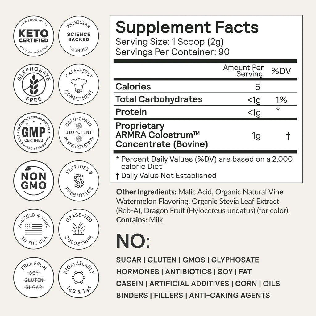 ARMRA Colostrum™ Premium Powder, Grass Fed, Gut Health Bloating Immunity Skin & Hair, Contains 400+ Bioactive Nutrients, Keto, Gluten & Fat Free (Vine Watermelon Bundle | 120 Servings) - TrustMedUSA