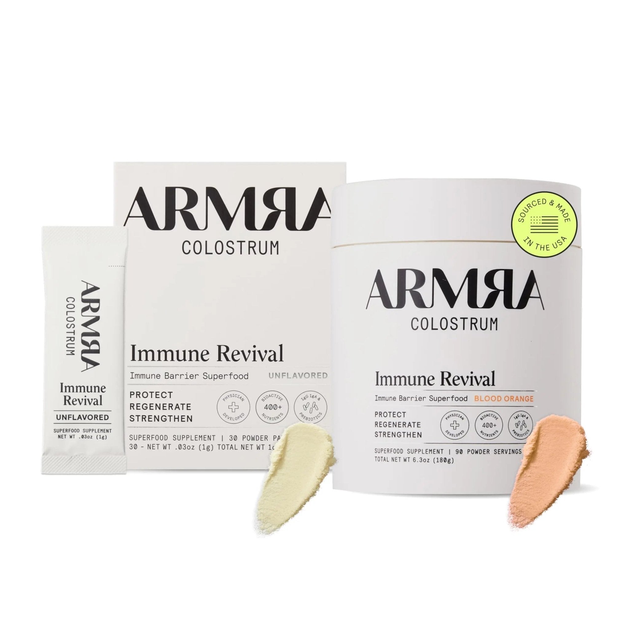 ARMRA Colostrum™ Premium Powder, Grass Fed, Gut Health Bloating Immunity Skin & Hair, Contains 400+ Bioactive Nutrients, Potent Bioavailable, Keto, Gluten & Fat Free (Unflavored 30｜Blood Orange 90) - TrustMedUSA