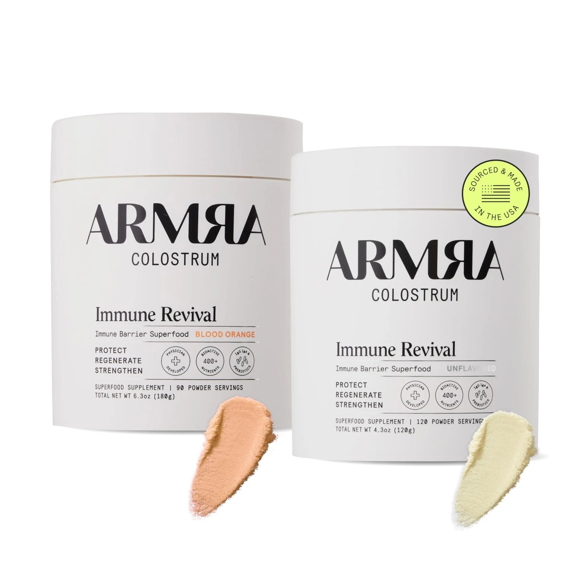 ARMRA Colostrum™ Premium Powder, Grass Fed, Gut Health Bloating Immunity Skin & Hair, Contains 400+ Bioactive Nutrients, Potent Bioavailable, Keto, Gluten & Fat Free (Unflavored and Blood Orange Jars) - TrustMedUSA