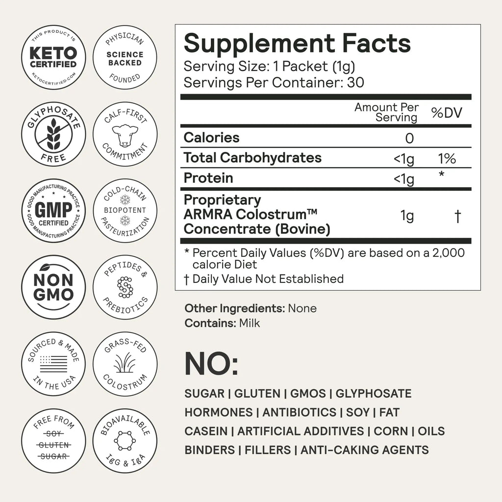 ARMRA Colostrum™ Premium Powder, Grass Fed, Gut Health Bloating Immunity Skin & Hair, Contains 400+ Bioactive Nutrients, Potent Bioavailable, Keto, Gluten & Fat Free (Unflavored 30｜Blood Orange 90) - TrustMedUSA