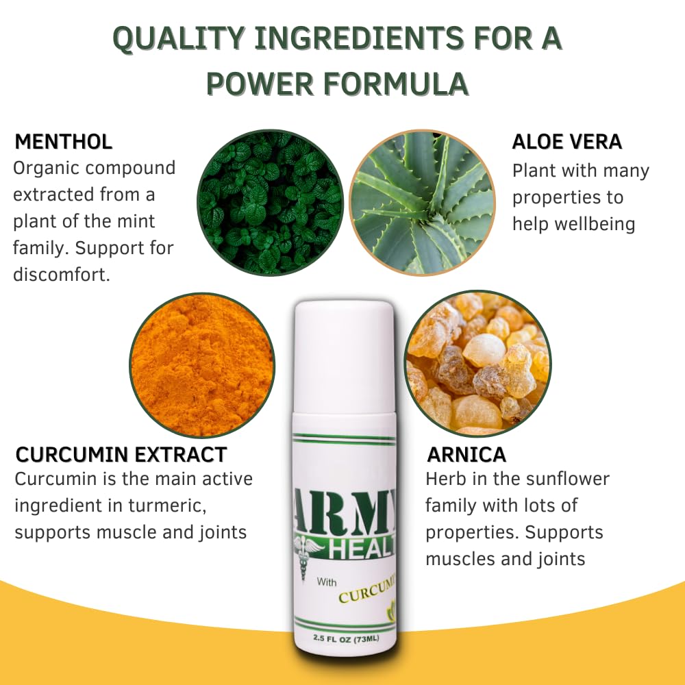 ARMY HEALTH Roll On 100% Natural Turmeric Curcumin - Pain Reliever - Inflammation - Headache - Backache - Joint and Muscle Pain 2.5 Oz - TrustMedUSA