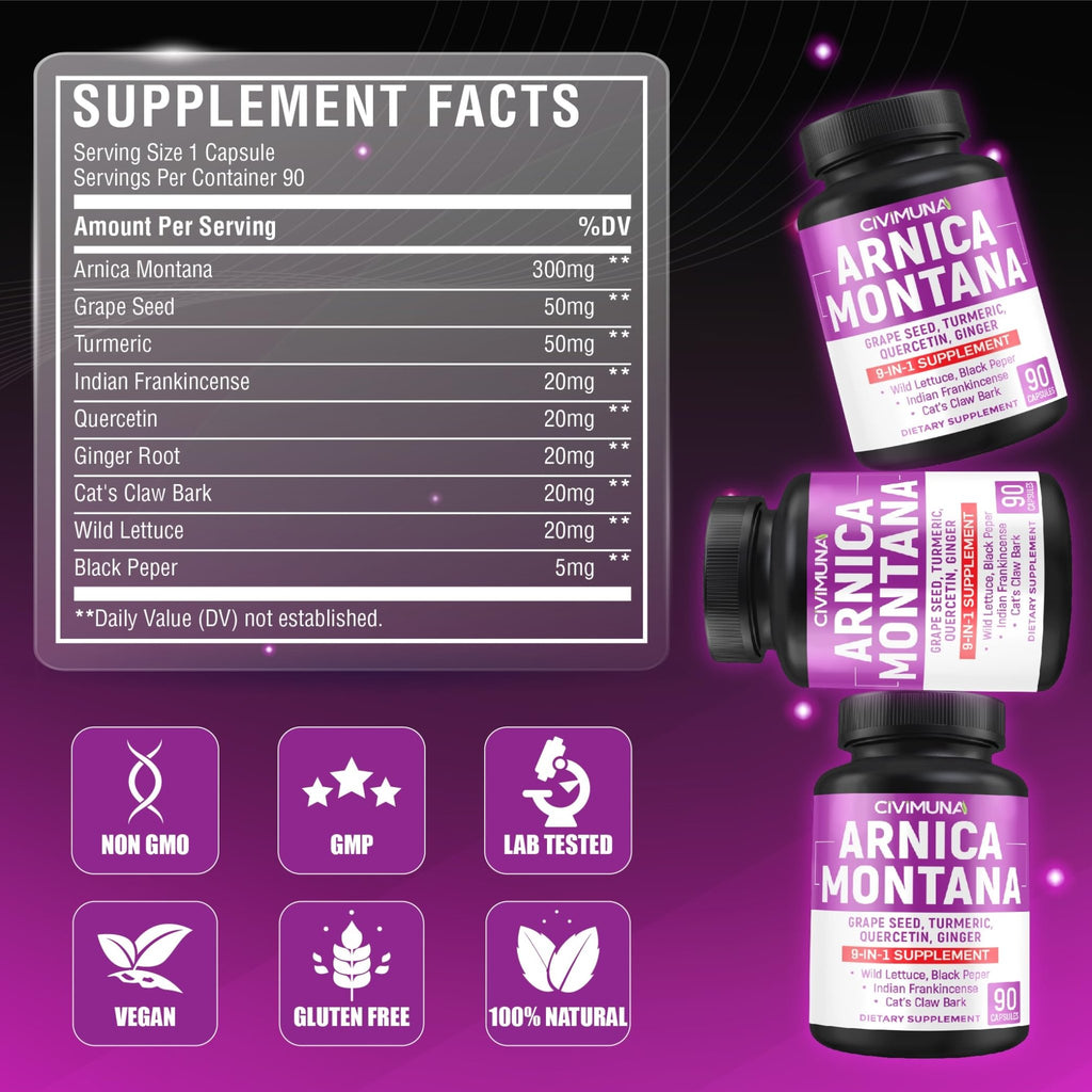 Arnica Capsules with Arnica, Grape Seed, Turmeric and More - 90 Capsules for 3 Months Supply - TrustMedUSA