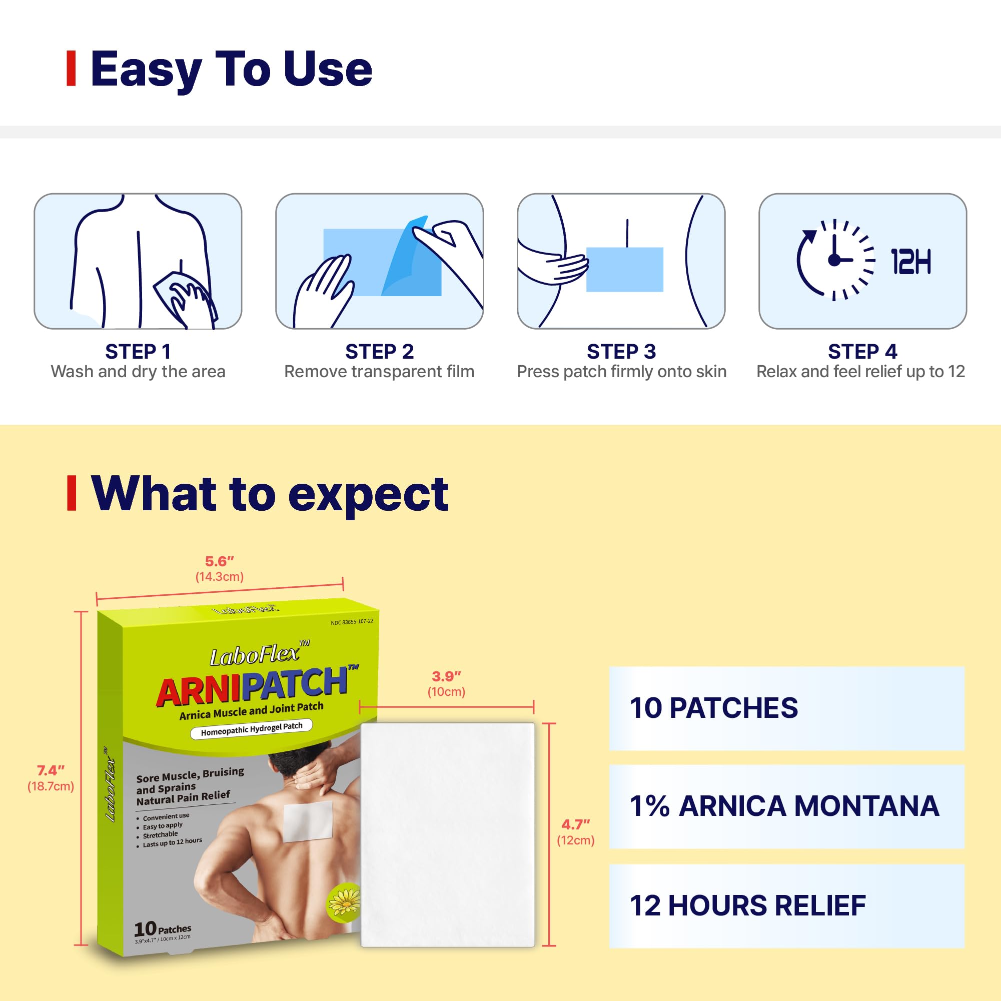 Arnica Hydrogel Pain Relief Patches | Natural Relief for Muscle, Joint, Bruises & Swelling | Flexible, Non-Greasy & Long-Lasting | Great for Back, Knee & Neck Pain (3.9"x4.7", 10, Count) - TrustMedUSA