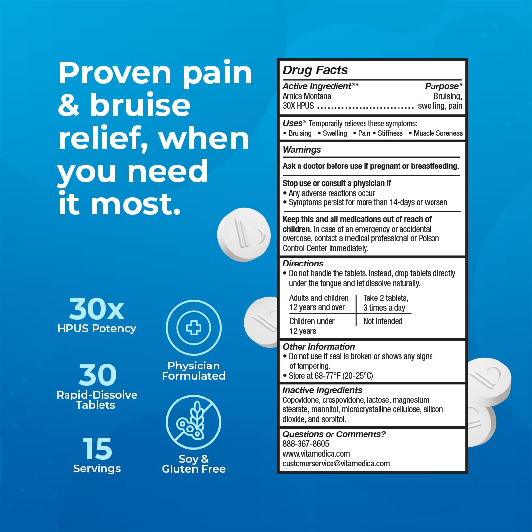Arnica Montana 30X HPUS, Clinical Grade, Quick Dissolve Tablets, Five-Day Recovery Pack for Pain and Bruise Relief After Surgery or Injury, Natural Healing, Gentle on The Stomach - 30 Count - TrustMedUSA