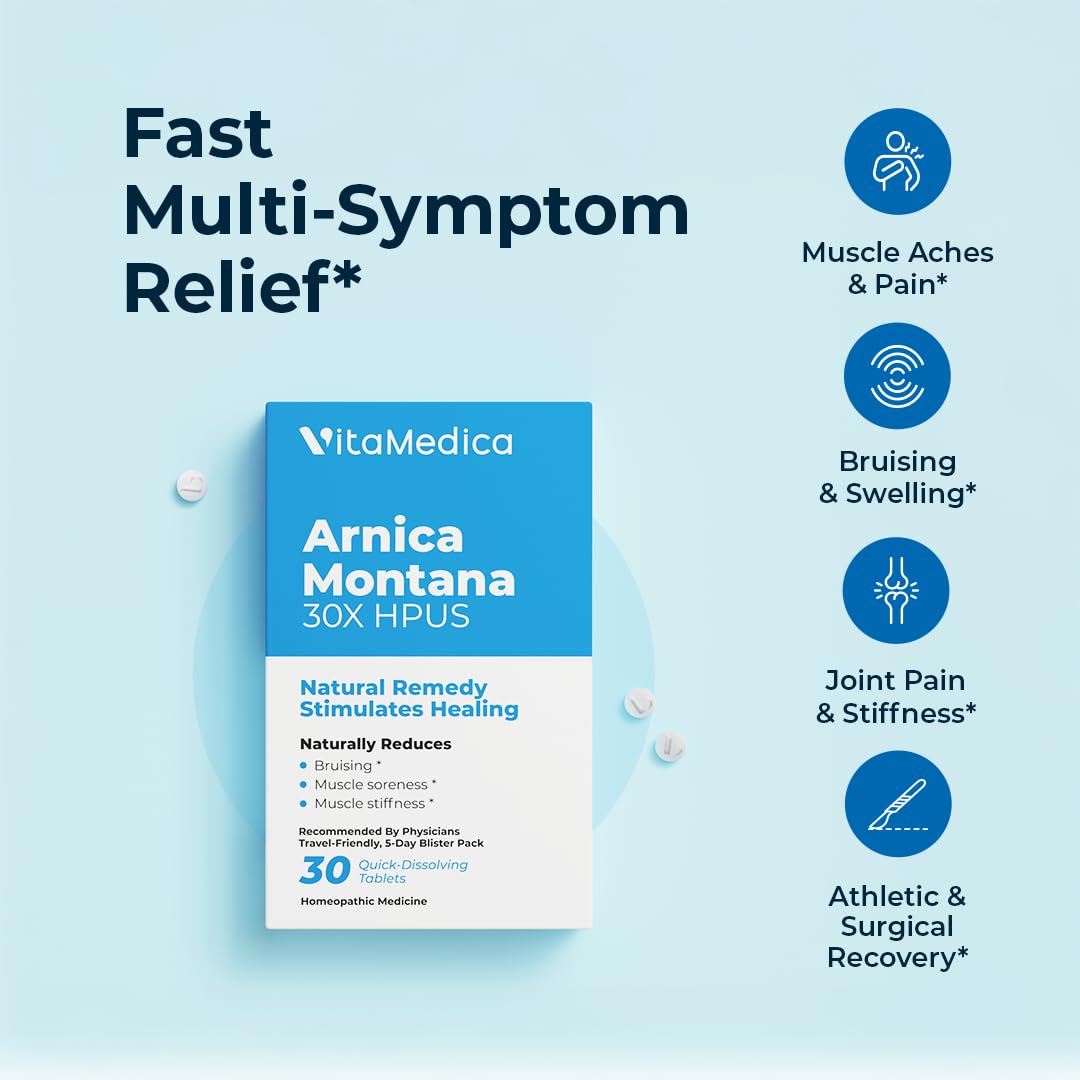 Arnica Montana 30X HPUS, Clinical Grade, Quick Dissolve Tablets, Five-Day Recovery Pack for Pain and Bruise Relief After Surgery or Injury, Natural Healing, Gentle on The Stomach - 30 Count - TrustMedUSA
